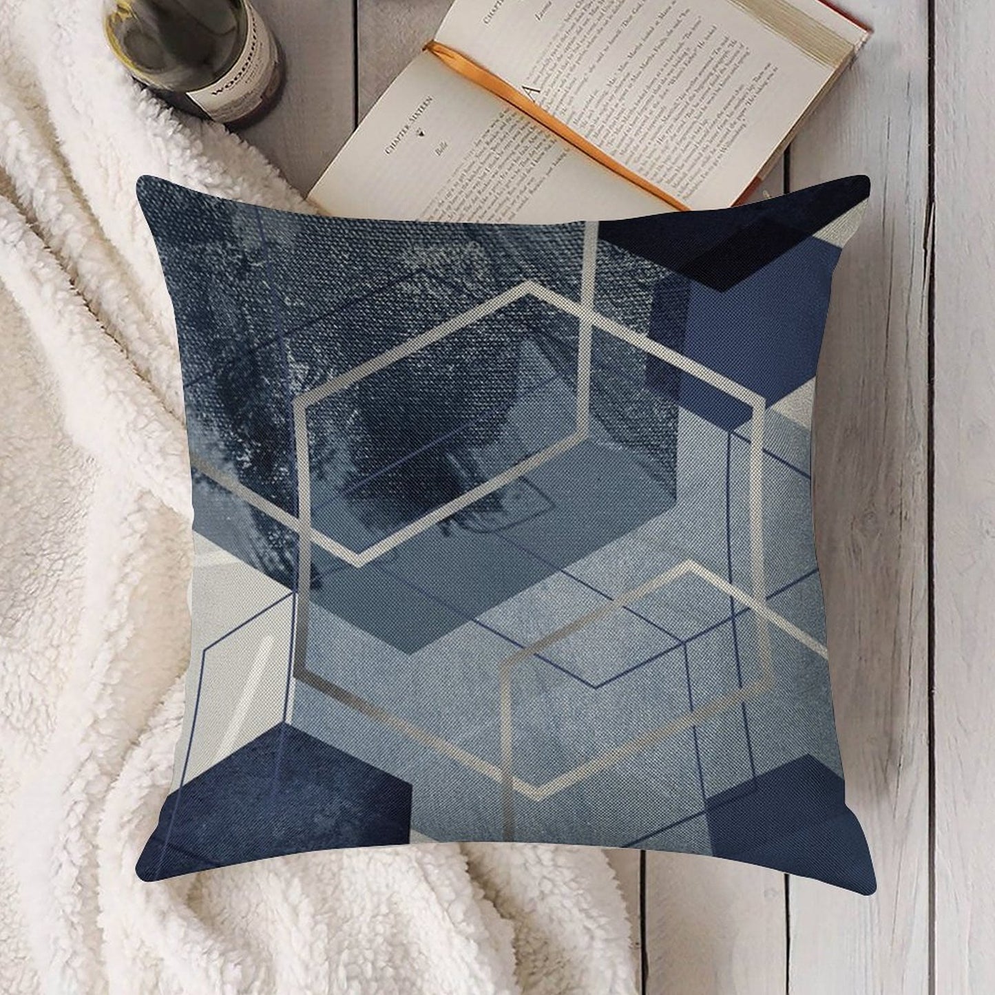Blue And Grey Geo Linen Throw Pillow Cover