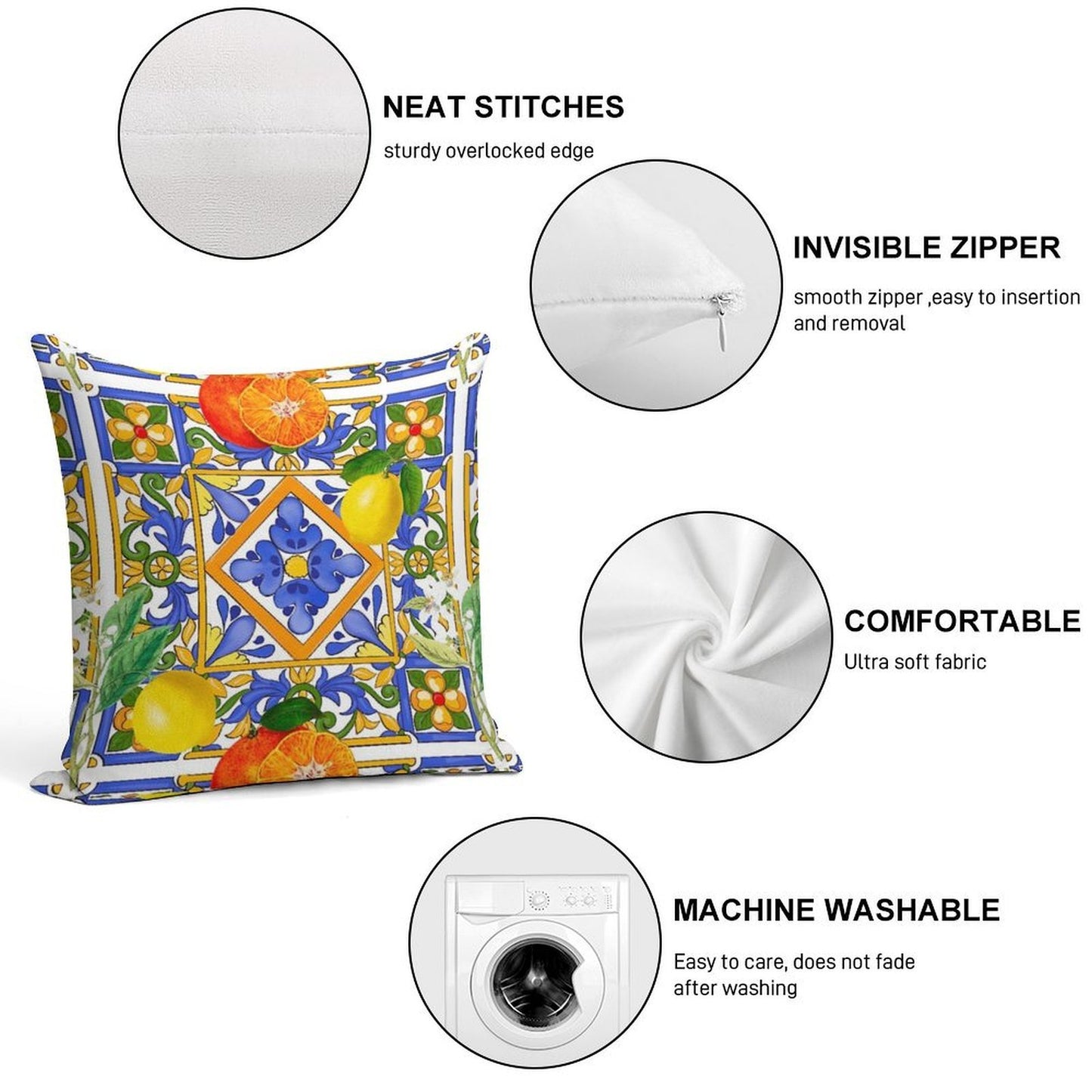 Summer ,Sicilian Tiles ,citrus,oranges,majolica,lemons ,Mediterranean Soft Gift Ready Throw Pillow