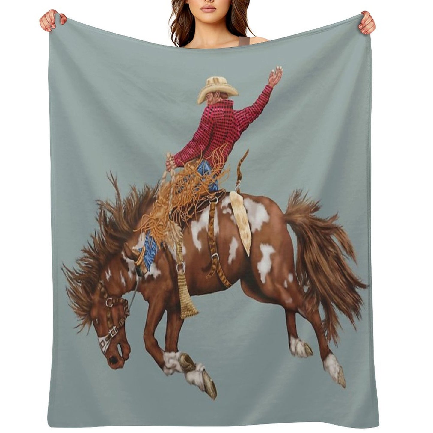 Vintage Western Rodeo Art, Bronco Busting Cowboy Throw Blanket