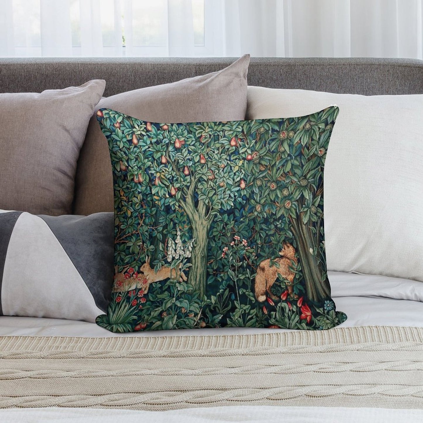 GREENERY, FOREST ANIMALS Fox And Hares Blue Green Floral Tapestry Soft Shrink-Resistant Throw Pillow