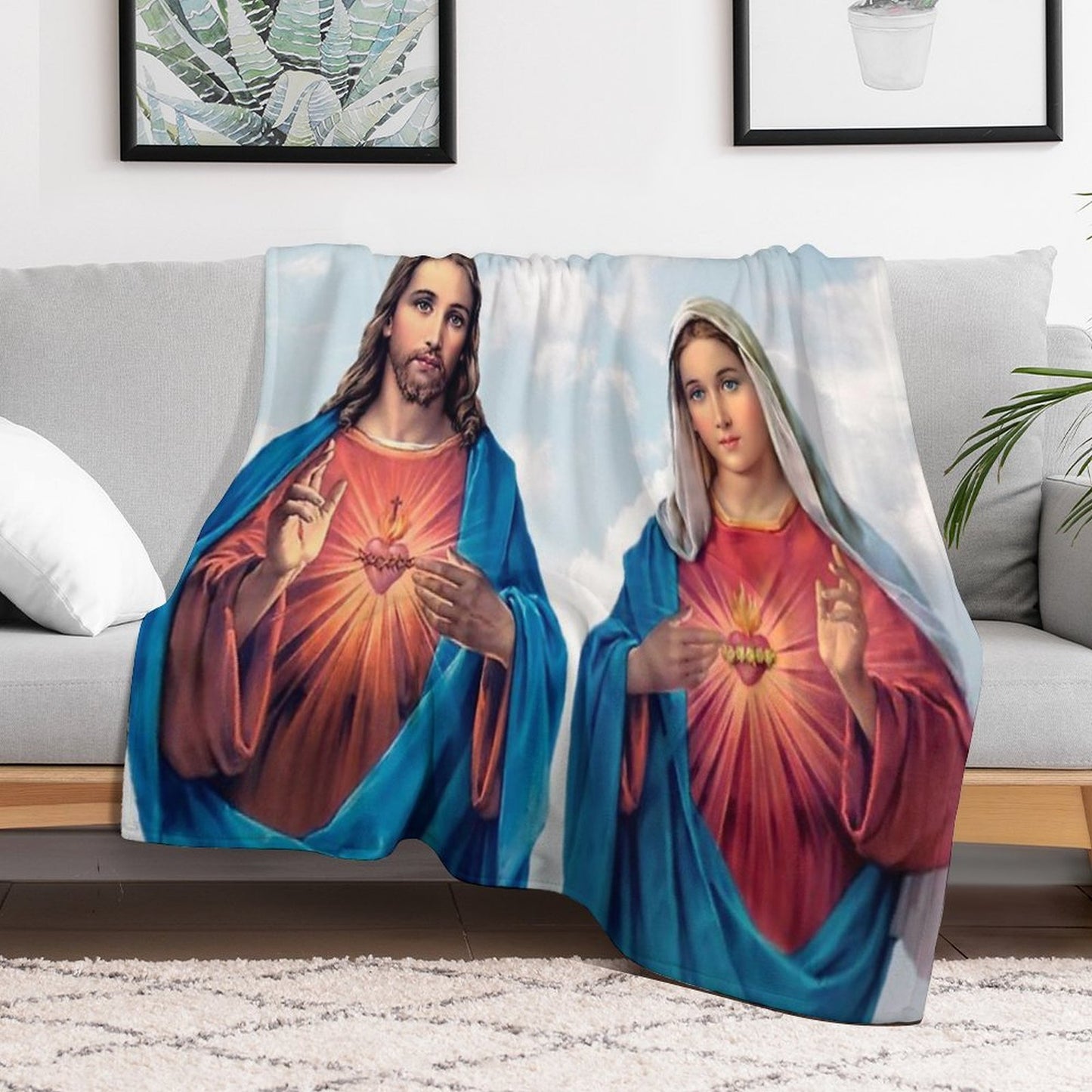 Sacred And Immaculate Hearts (Jesus And Mary) with Sky Background Throw Blanket