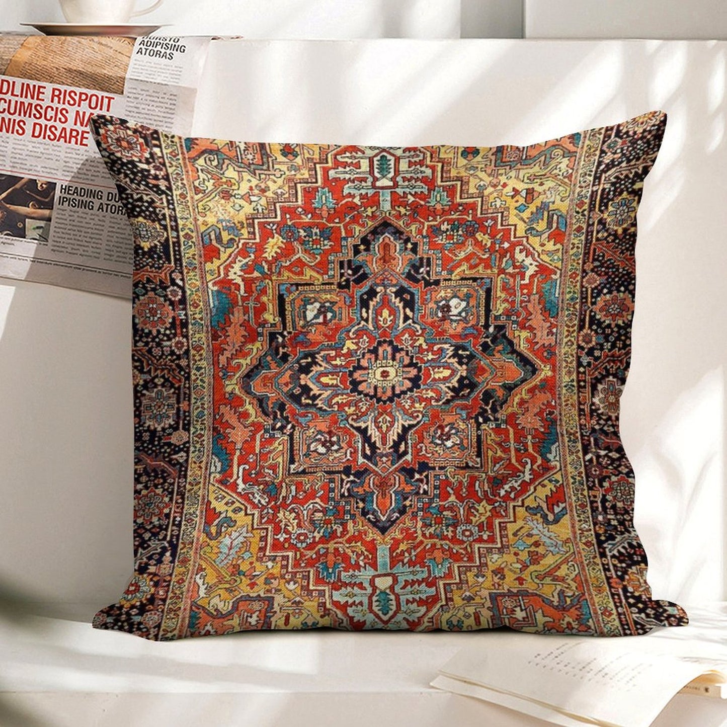 Heriz Persian Carpet Print Linen Throw Pillow Cover