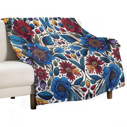 Deep Blue Ojibwe Bloom – Indigenous Floral Folk Art Throw Blanket