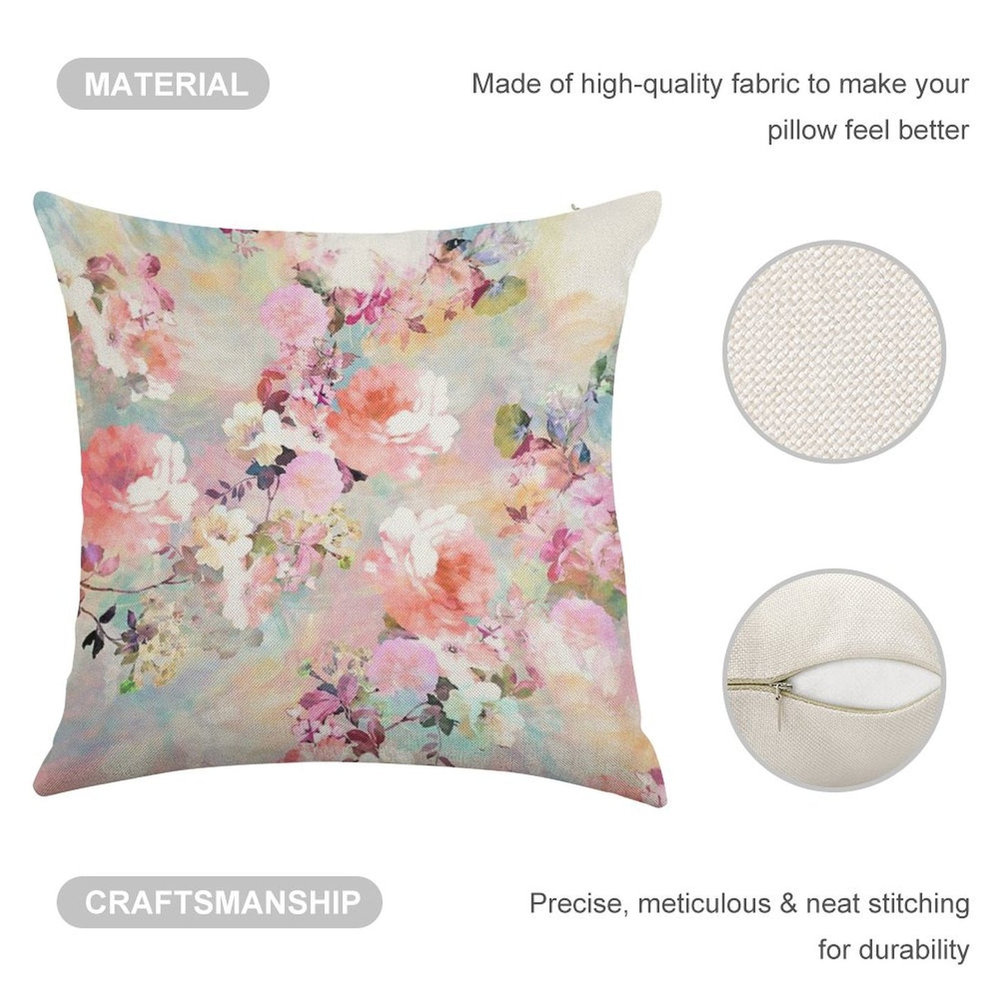 Romantic Pink Teal Watercolor Chic Floral Pattern Linen Throw Pillow Cover