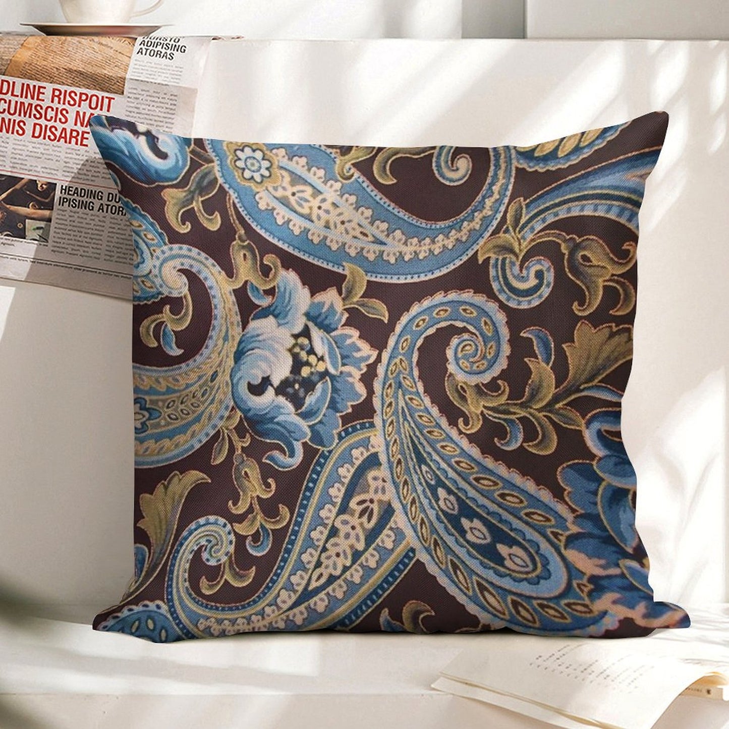 Blue Brown Vintage Paisley Linen Throw Pillow Cover