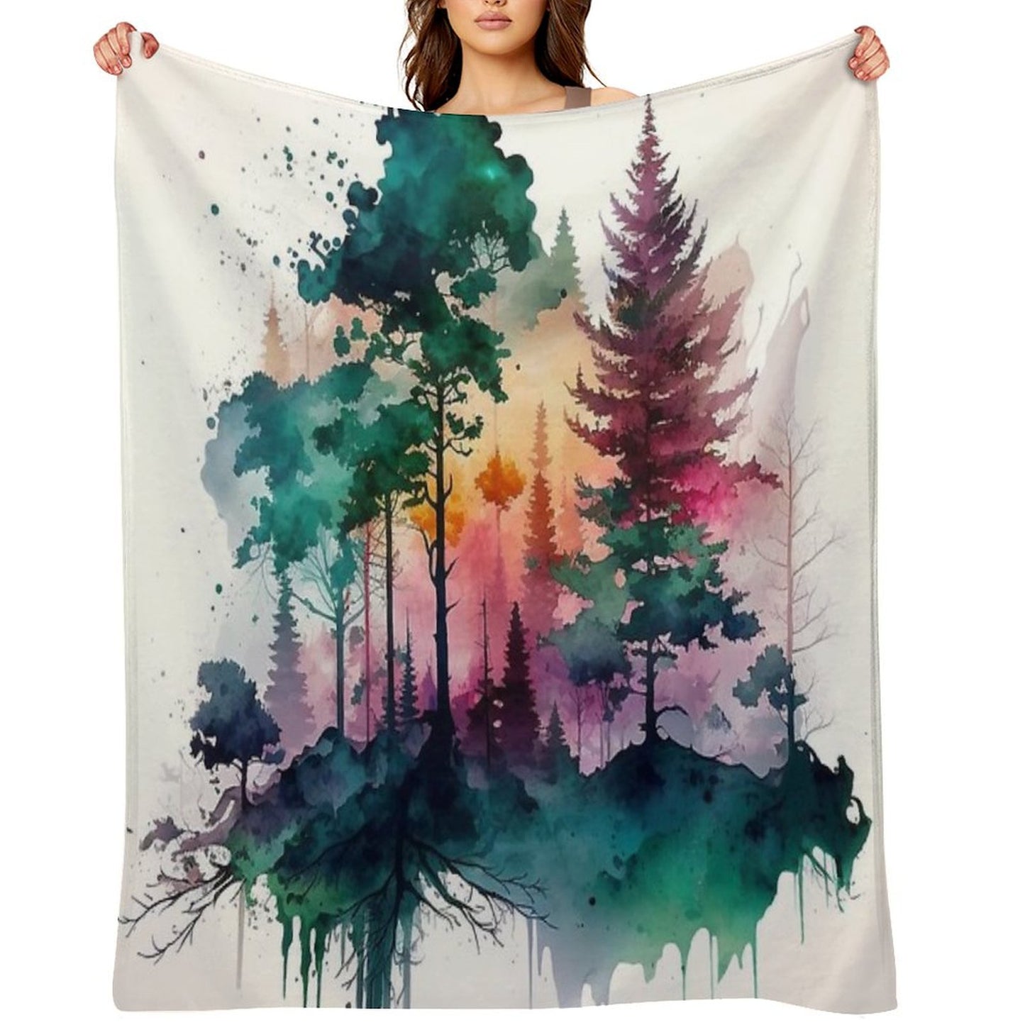 Colorful Forest Watercolor Painting Throw Blanket