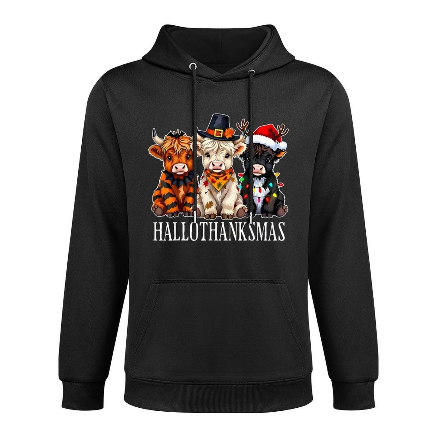 HalloThanksMas Halloween Thanksgiving Christmas Highland Cow All-Day Comfort Hoodie