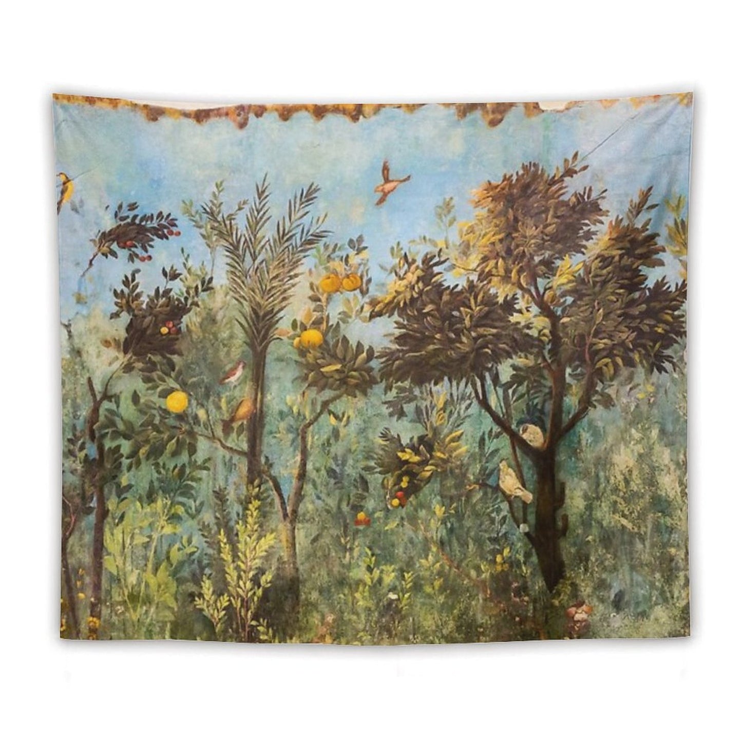 ANTIQUE ROMAN WALL PAINTING Flower Garden Flying Birds ,Quince And Apple Trees Tapestry