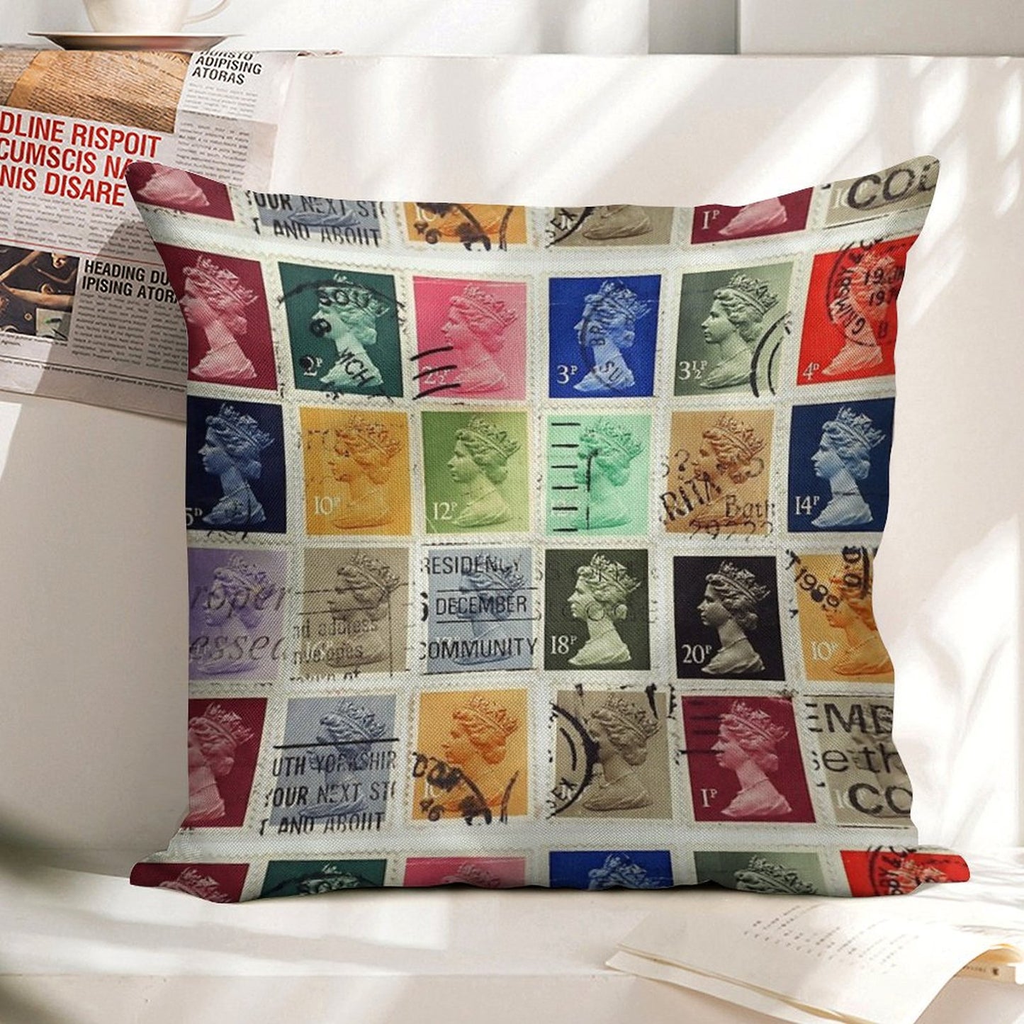 British Postage Stamps with A Queen Elizabeth Profile. Linen Throw Pillow Cover