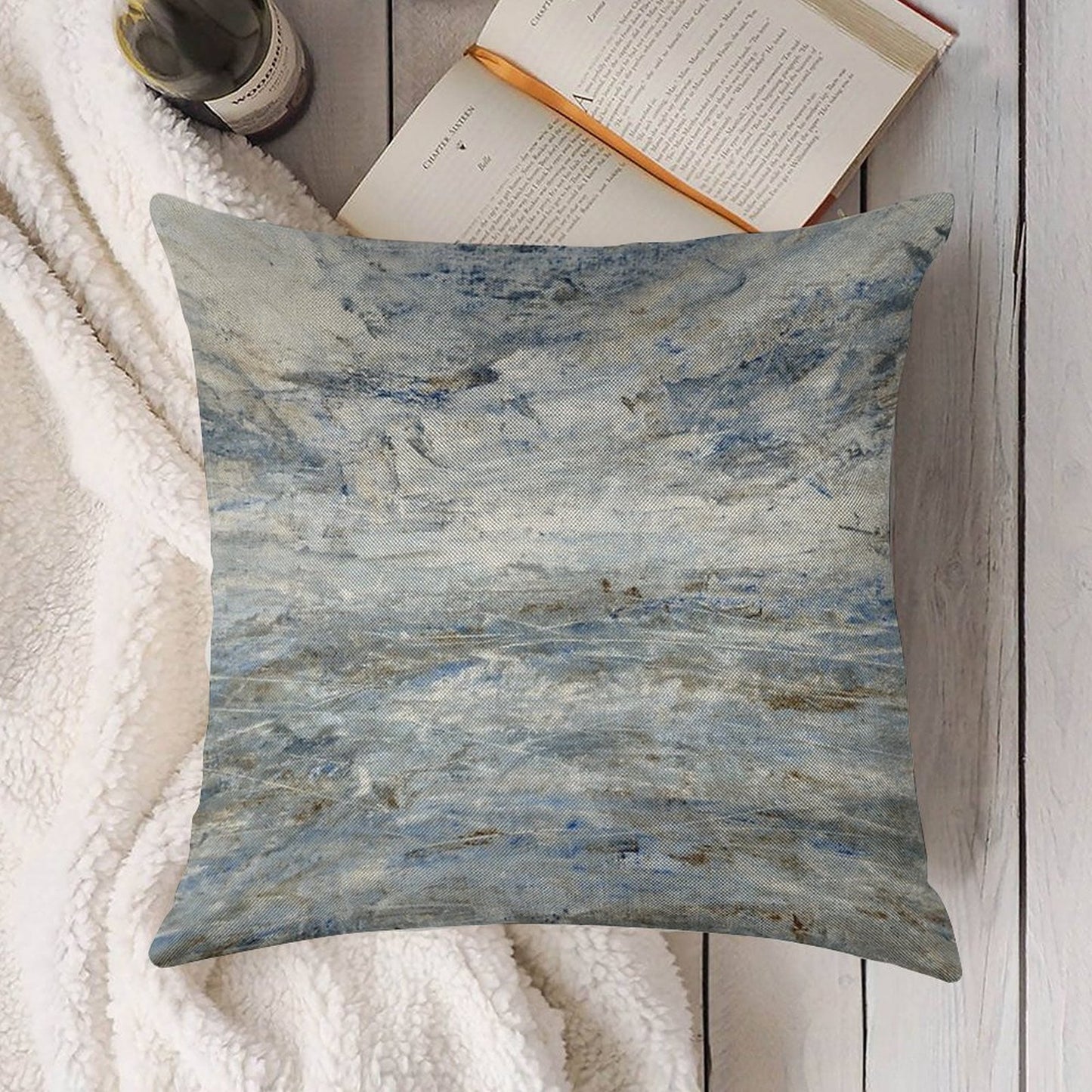 Abstract Seascape in Grey And Blue Linen Throw Pillow Cover