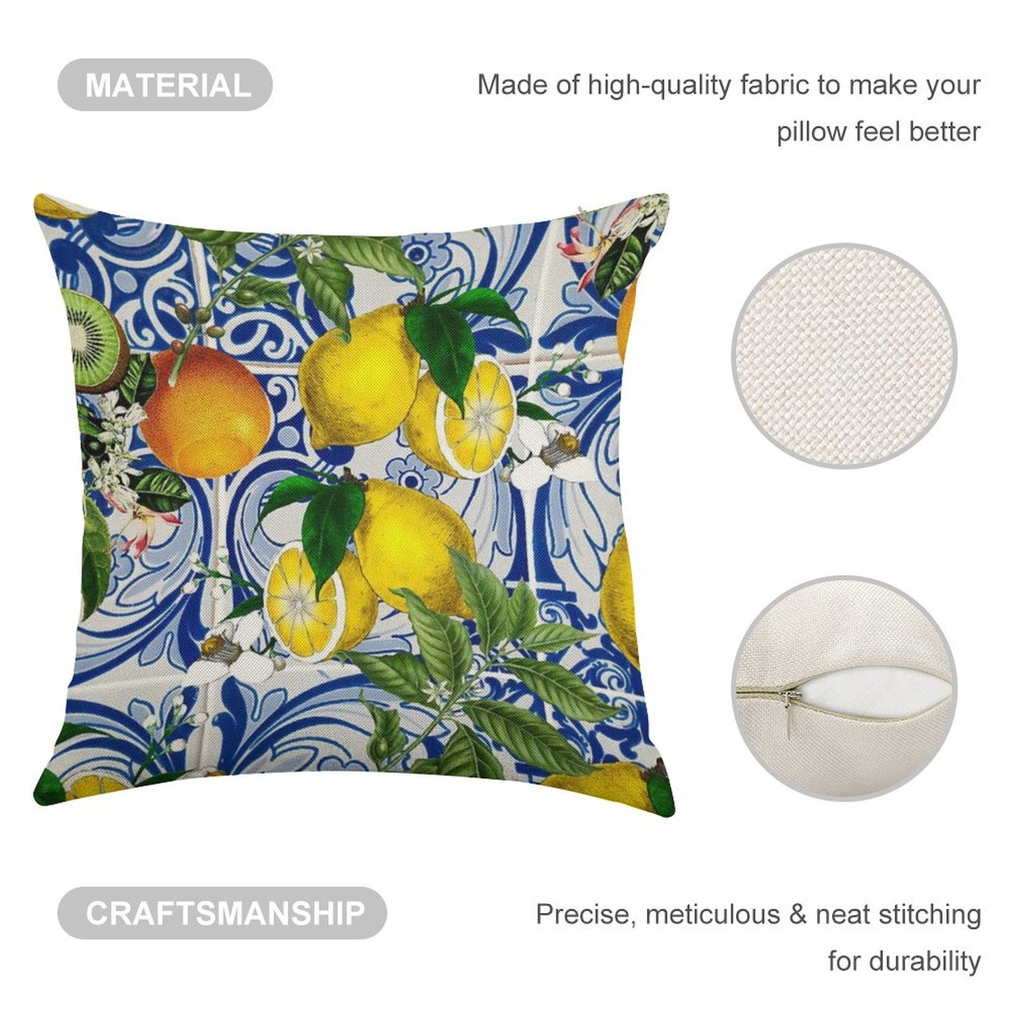 Mediterranean Lemon on Blue Ceramic Tiles Linen Throw Pillow Cover