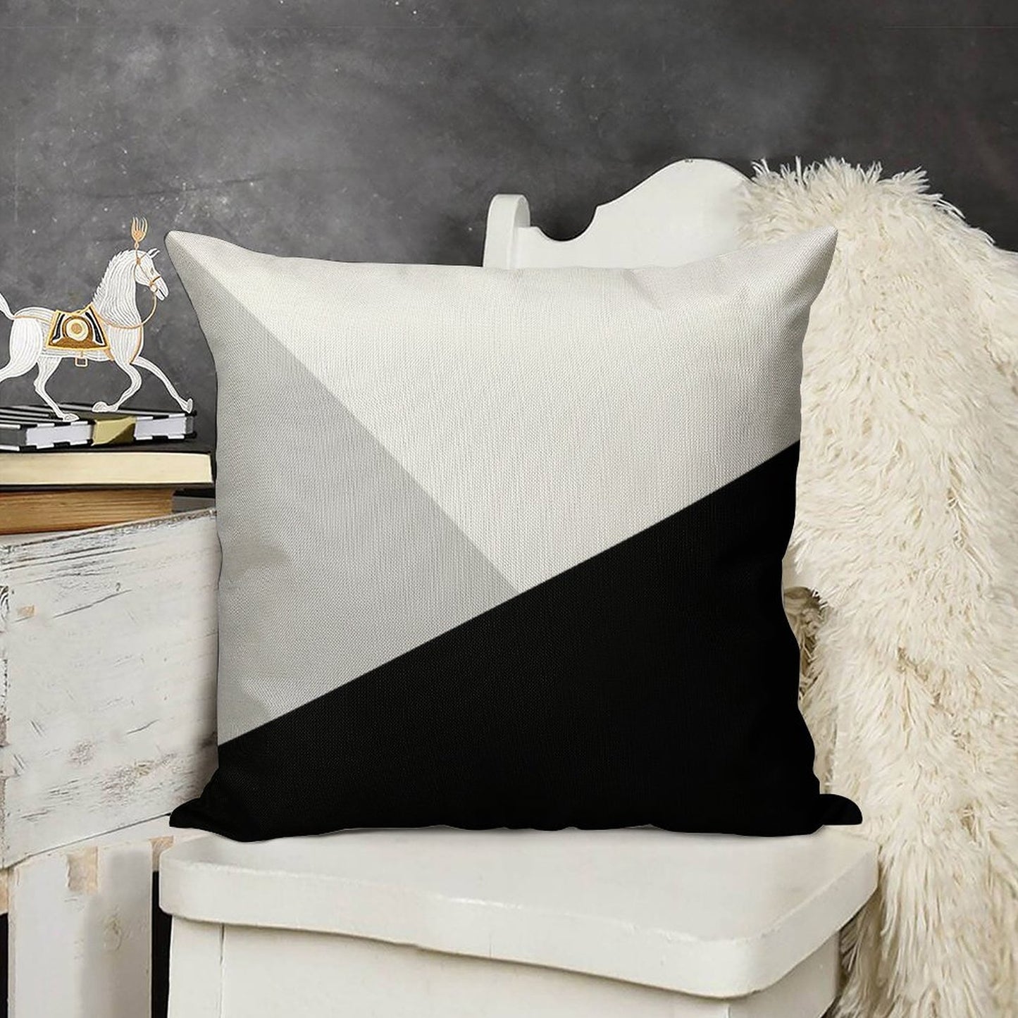 Monochromatic Black White Gray Color Block Linen Throw Pillow Cover