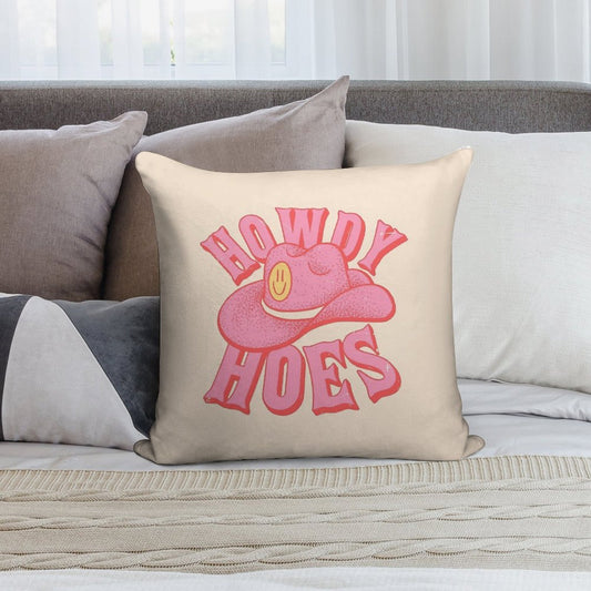 Howdy Hoes  Pink Cowboy Cowgirl Rodeo Hat Preppy Aesthetic  MEME HOWDY Y'ALL  White Background Soft Decorative Cover Throw Pillow