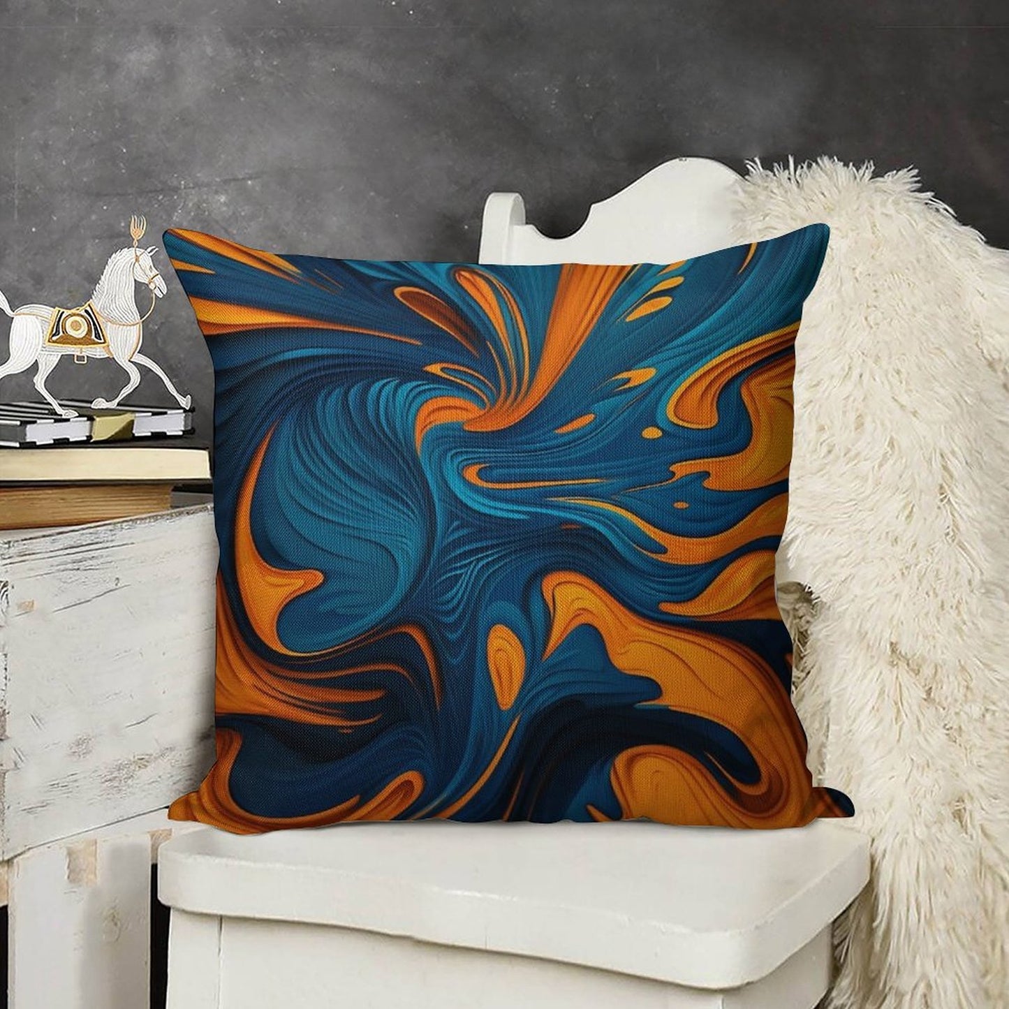 Oil Paint Orange And Blue Pattern Linen Throw Pillow Cover