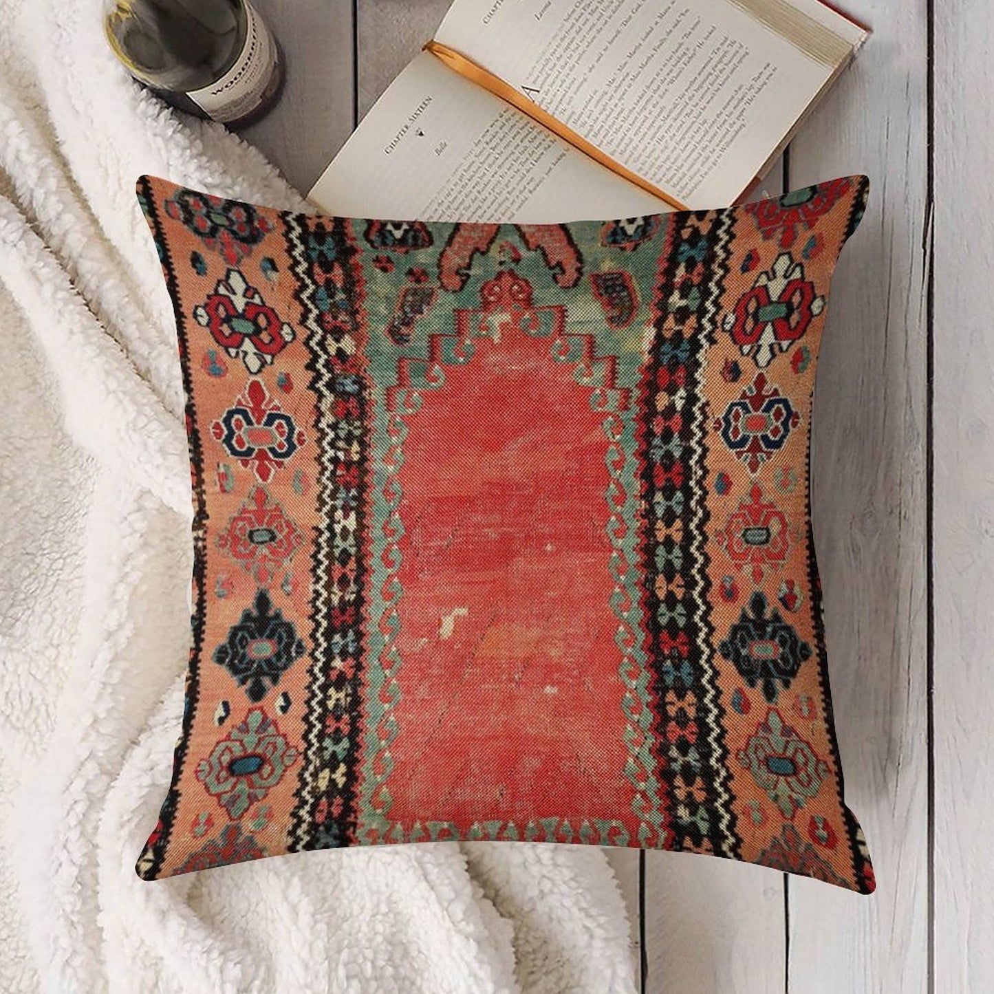 Sivas  Antique Cappadocian Turkish Niche Kilim Print Linen Throw Pillow Cover