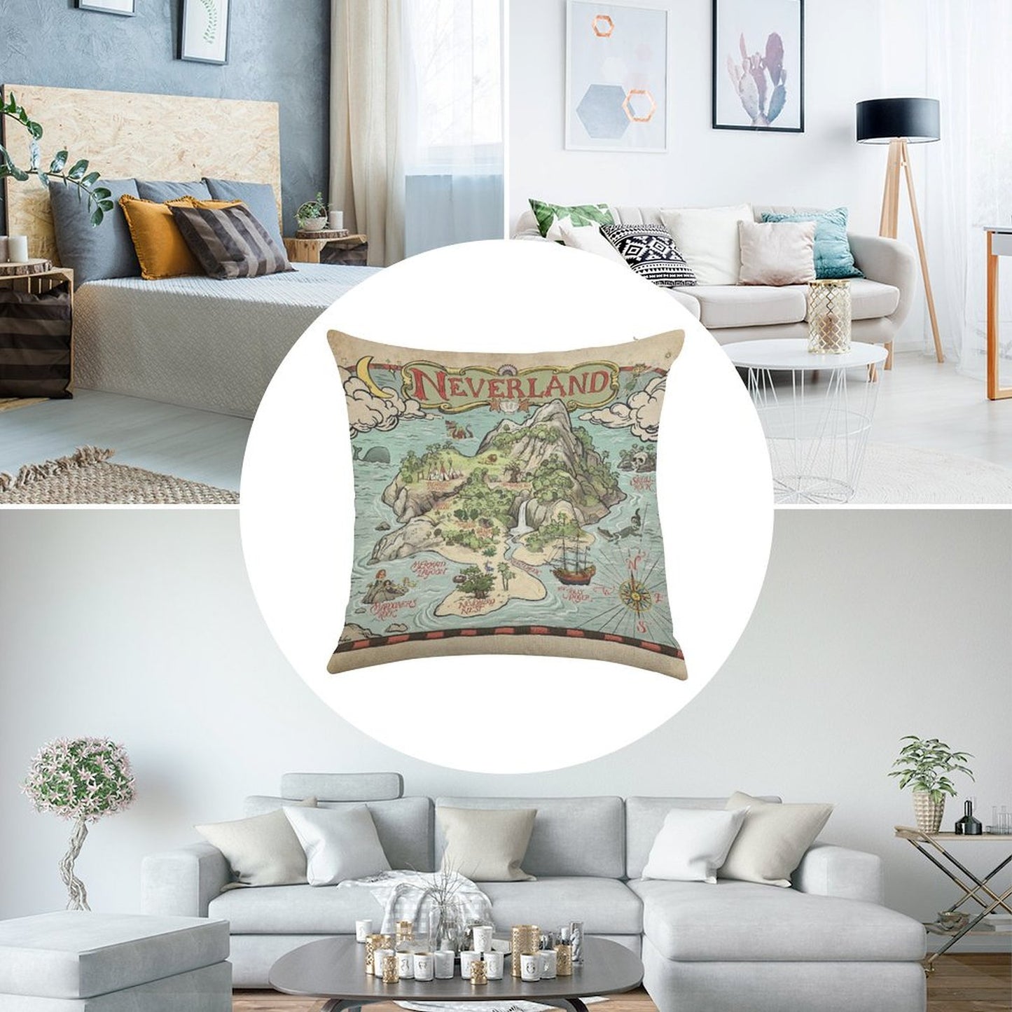 Neverland Map Linen Throw Pillow Cover
