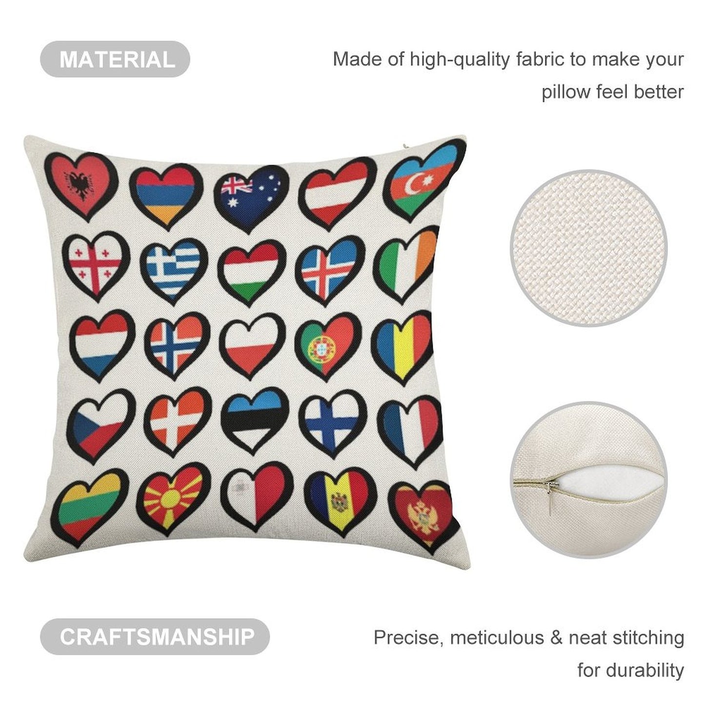 Eurovision Song Contest Flags Hearts ESC EBU Eurofans Linen Throw Pillow Cover