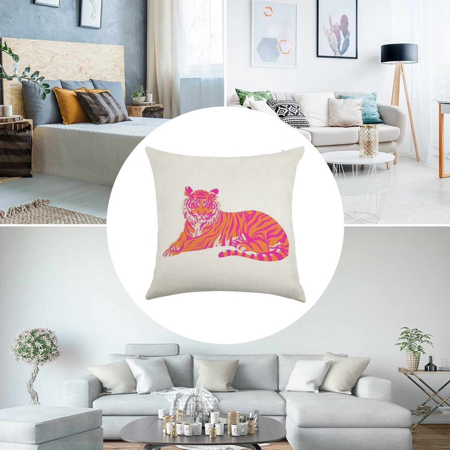 Pink And Orange Tiger Linen Throw Pillow Cover