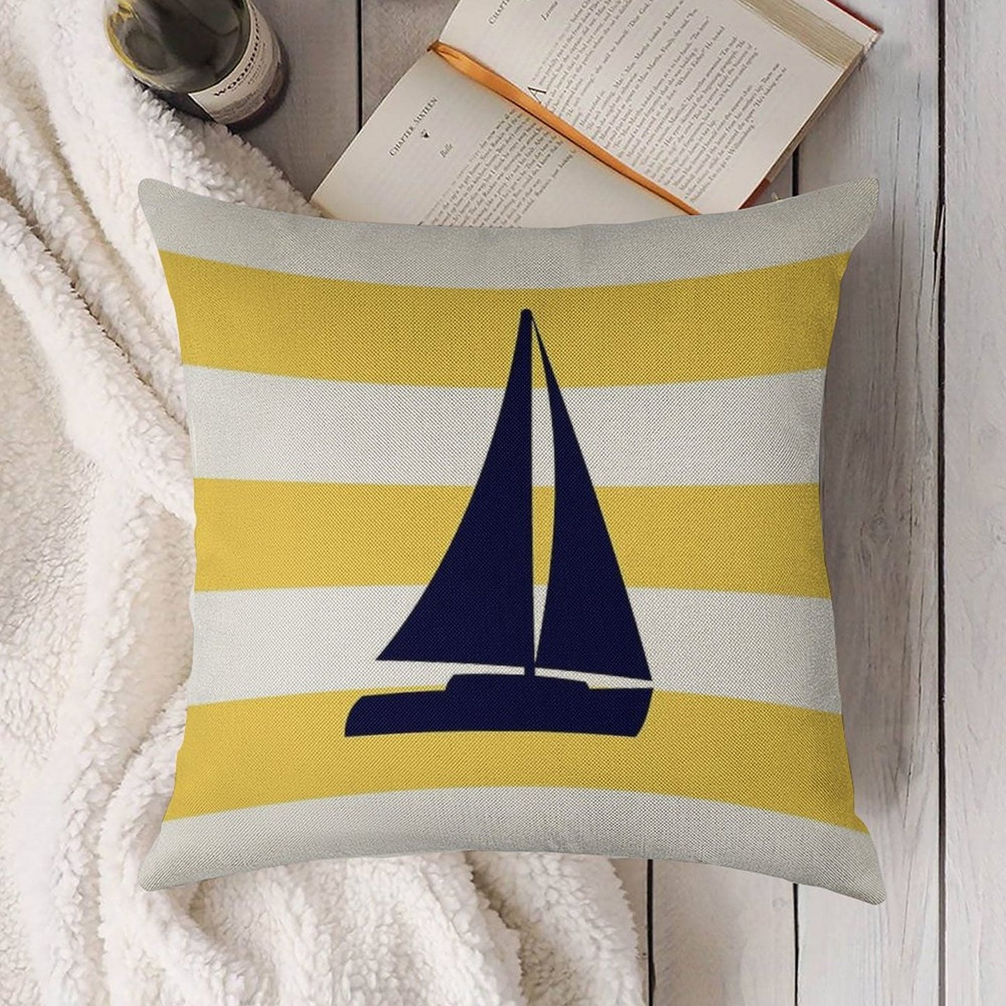 Nautical Navy Blue Sailboat On Mustard Yellow Stripes Linen Throw Pillow Cover