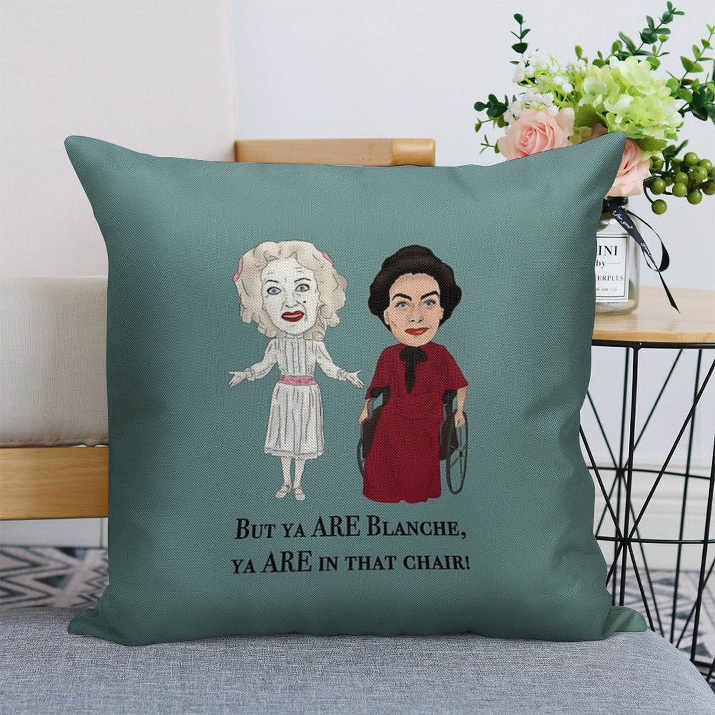 Whatever Happened to Baby Jane, Bette Davis, Joan Crawford Inspired Illustration. But You Are in That Chair Blanche Hudson Linen Throw Pillow Cover