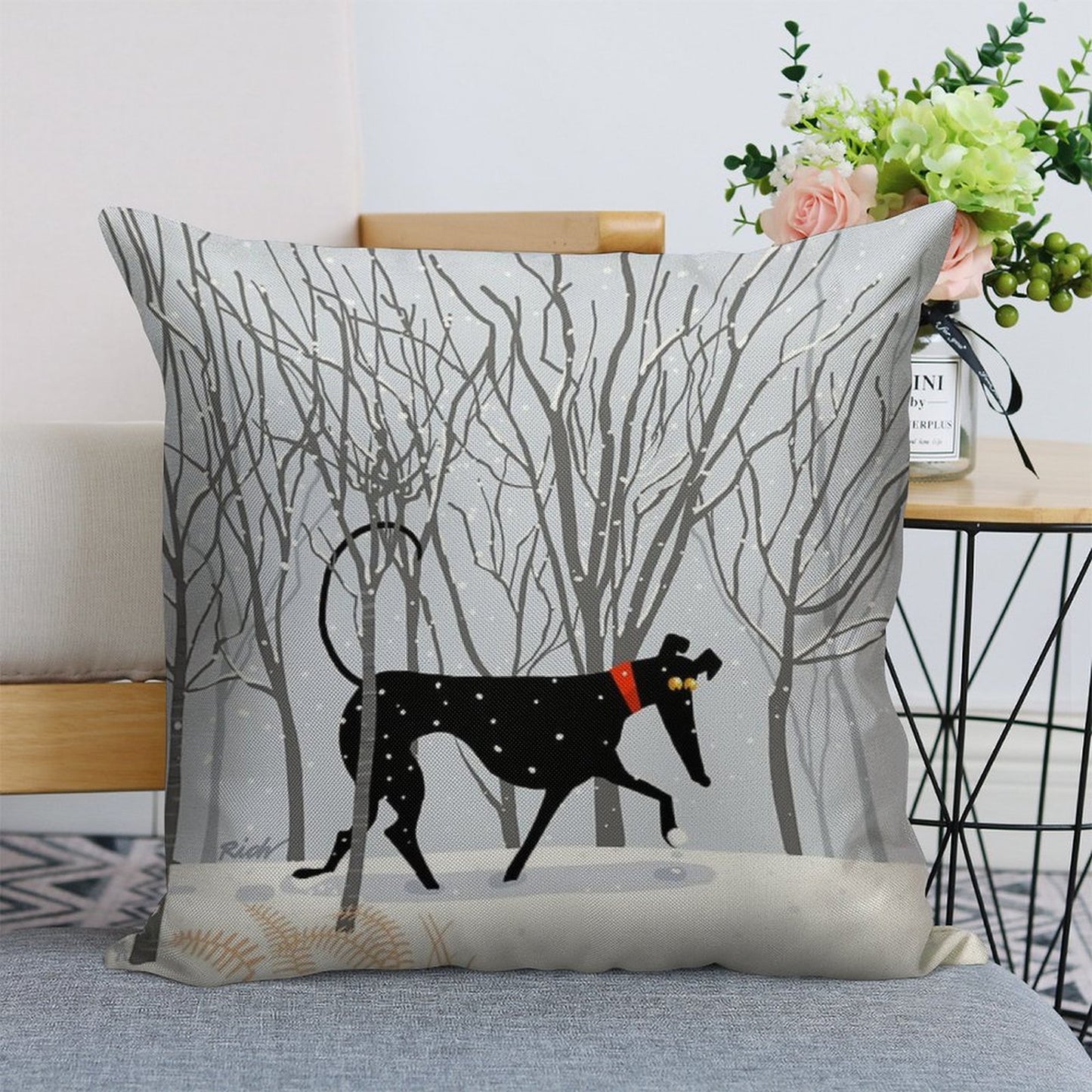 Winter Hound Linen Throw Pillow Cover