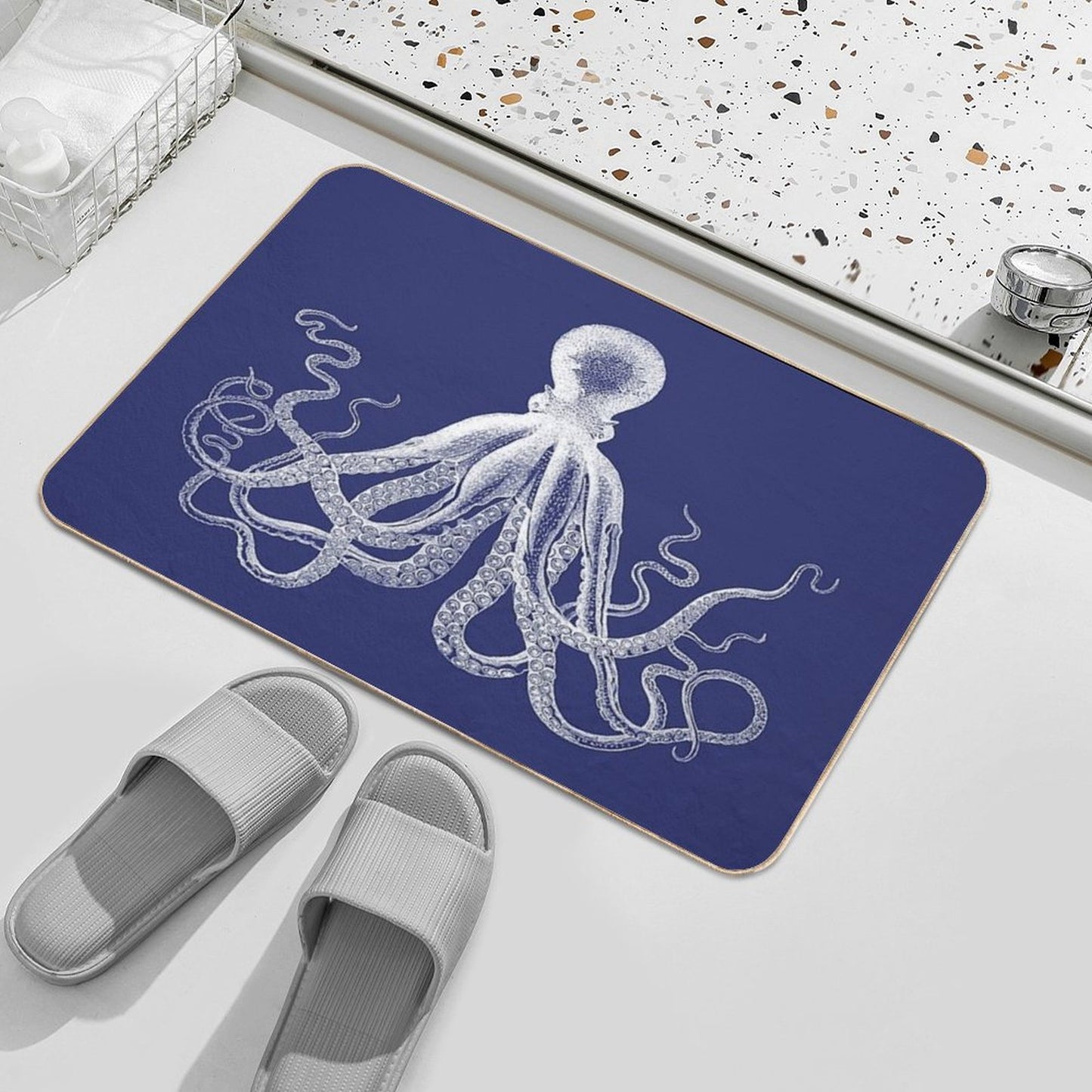 Octopus Vintage Octopus Tentacles Sea Creatures Nautical Ocean Sea Beach Navy Blue And White Bath Mat