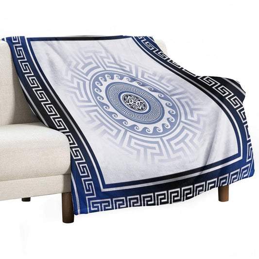 Greek Key Meander Blue White Silver Throw Blanket