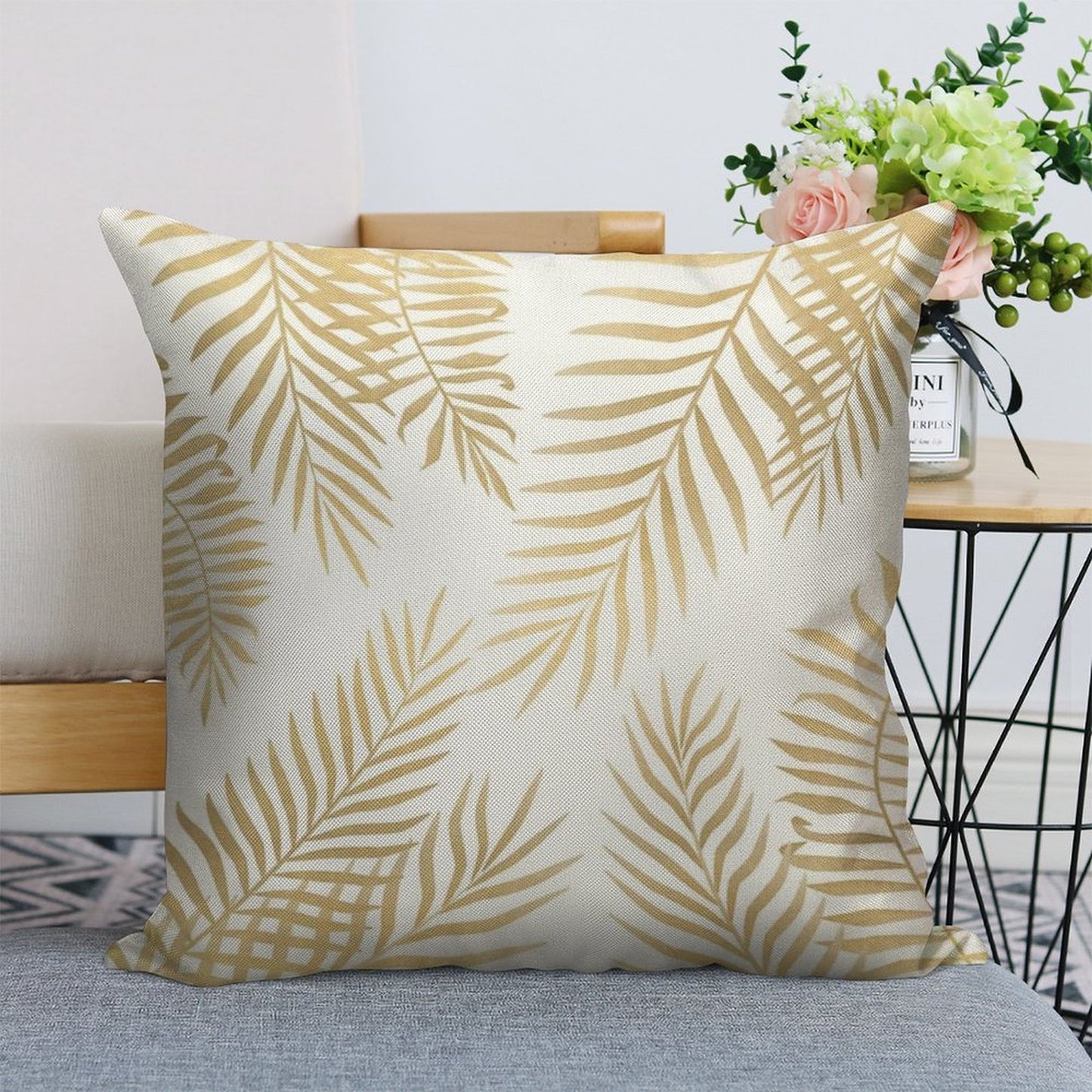 Gold Palm Leaves Linen Throw Pillow Cover