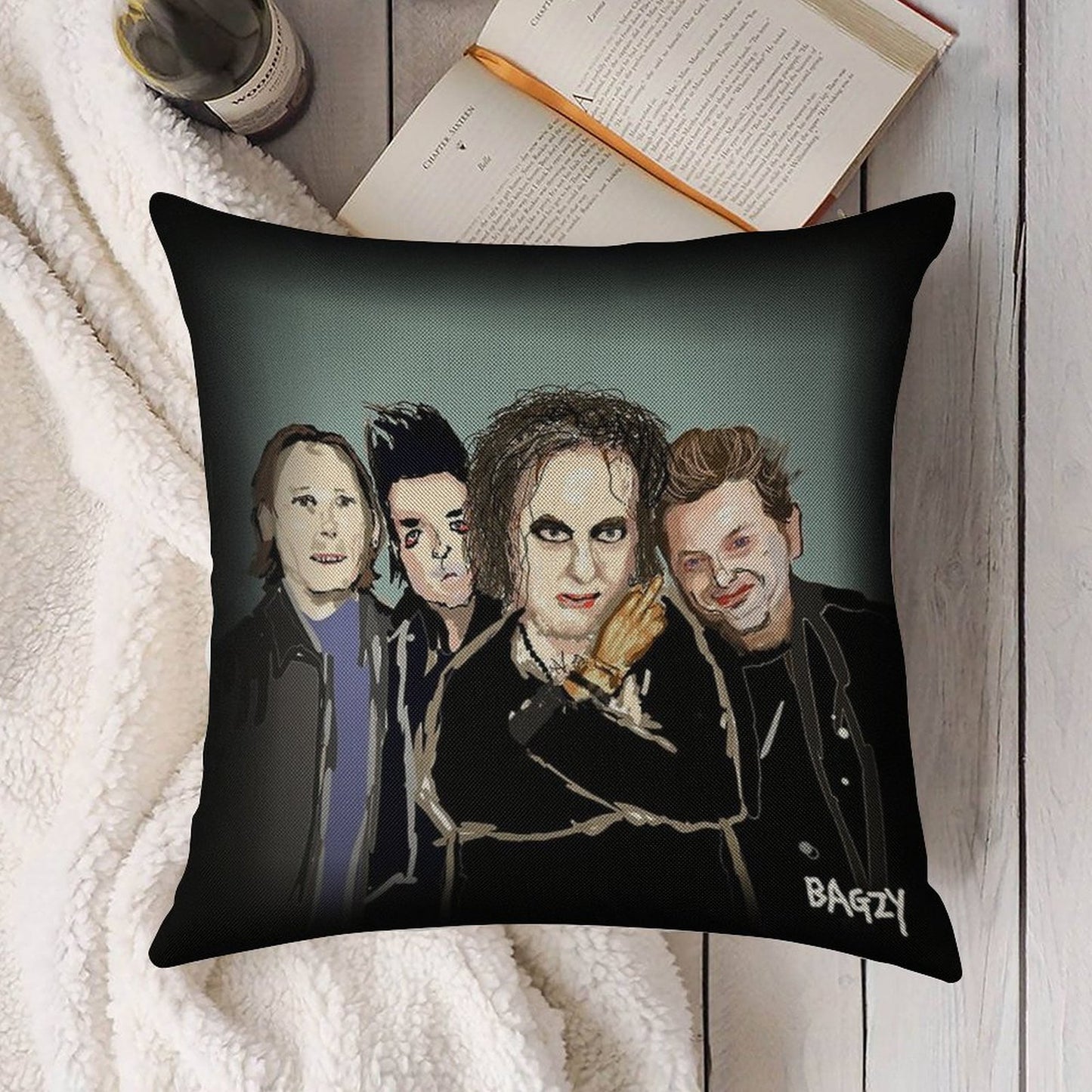 Original Fan Art, Drawing by Bagzy, Goth Rock, Alternative Music, 80s Linen Throw Pillow Cover
