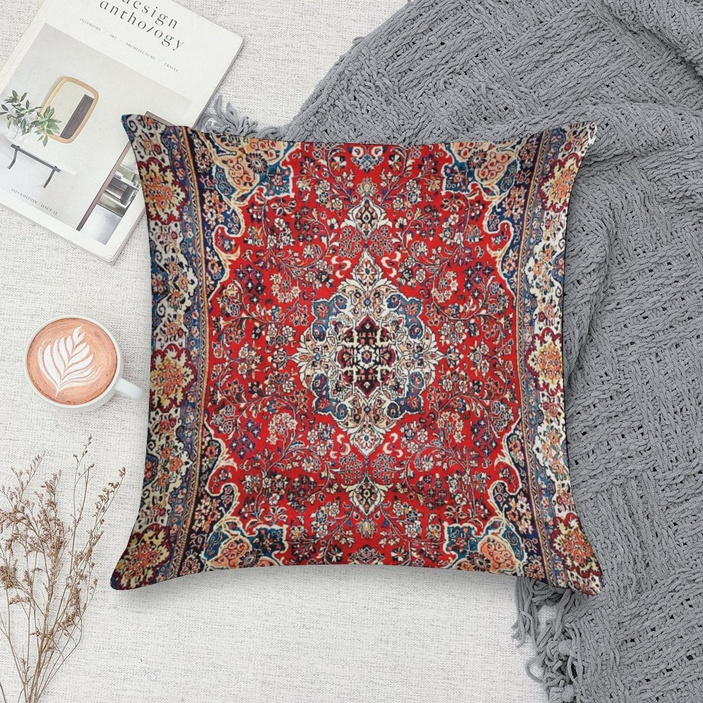 Red Blue Sarouk Persian Carpet Print Soft Durable Construction Throw Pillow