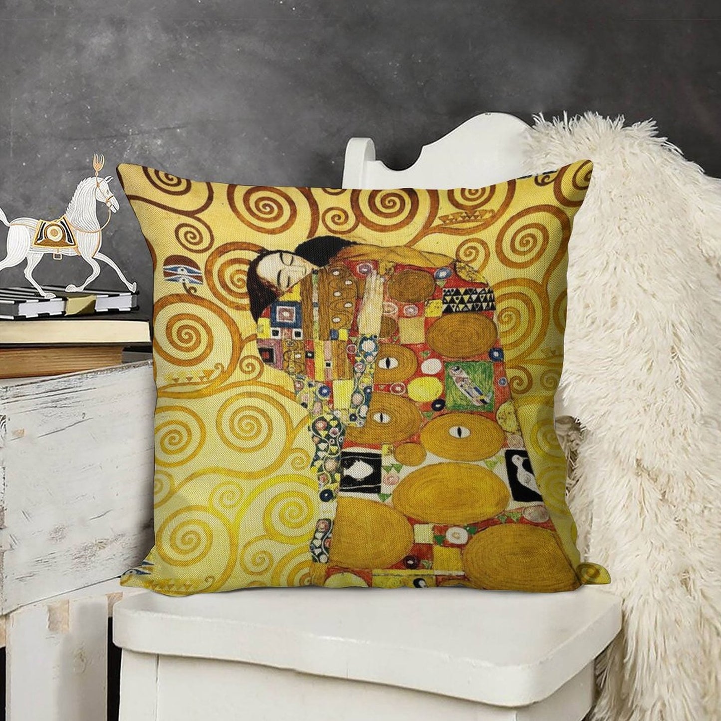 Gustav Klimt The Embrace Linen Throw Pillow Cover