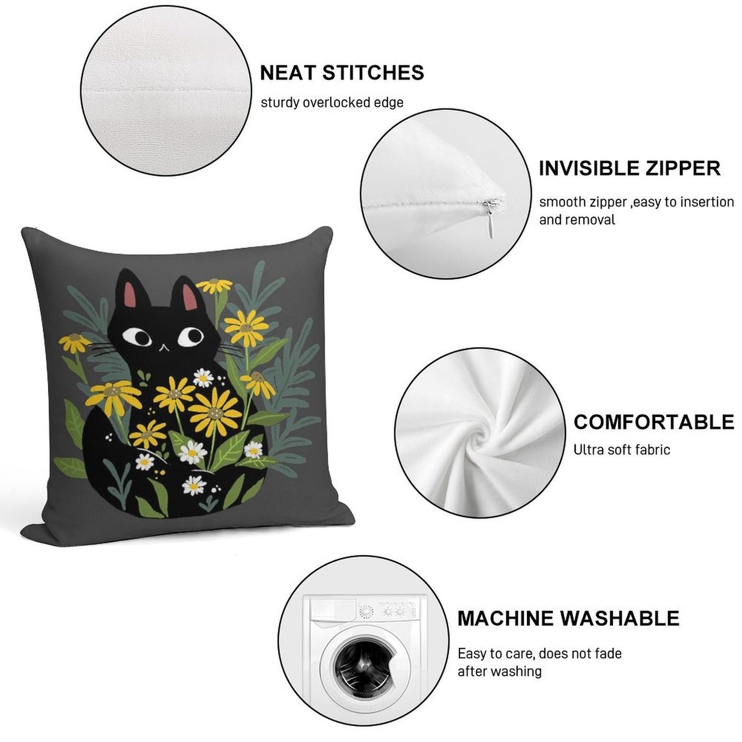 Black Cat with Flowers Soft Fade-Resistant Throw Pillow