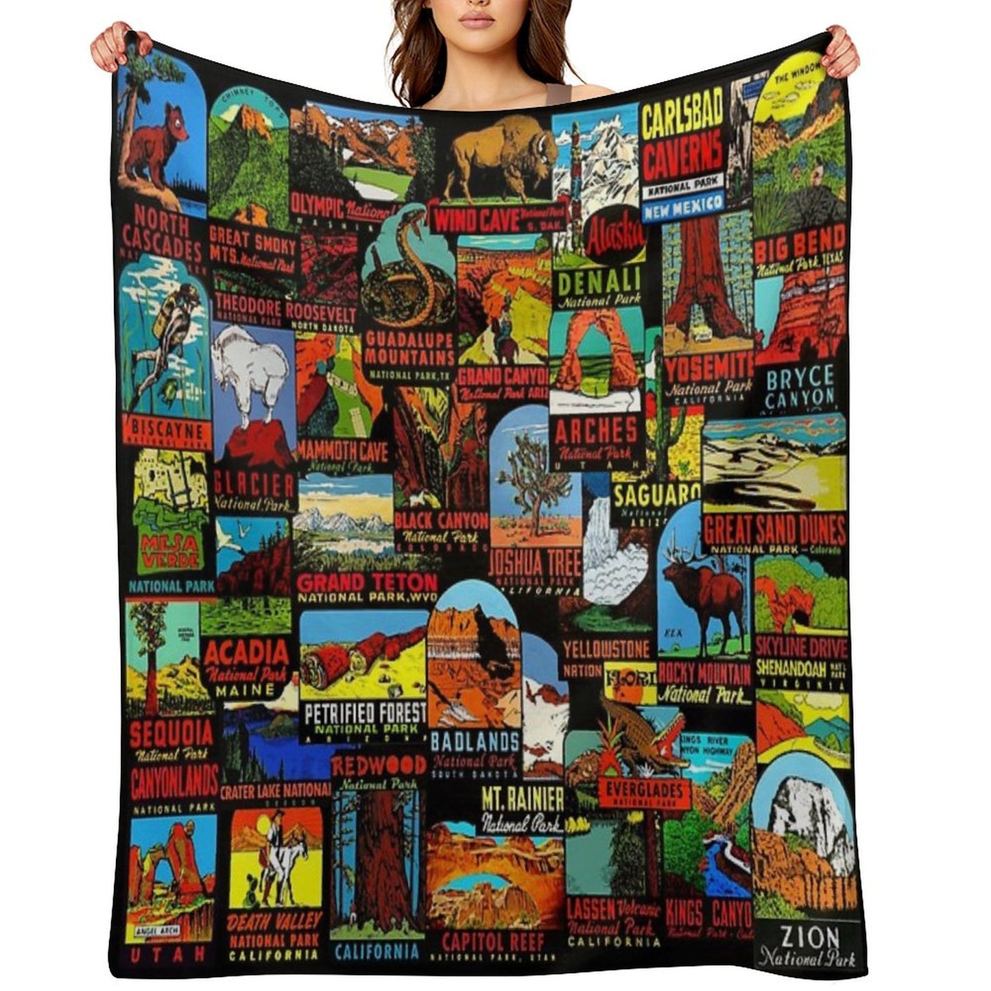 American National Parks Vintage Travel Decal Bomb Throw Blanket