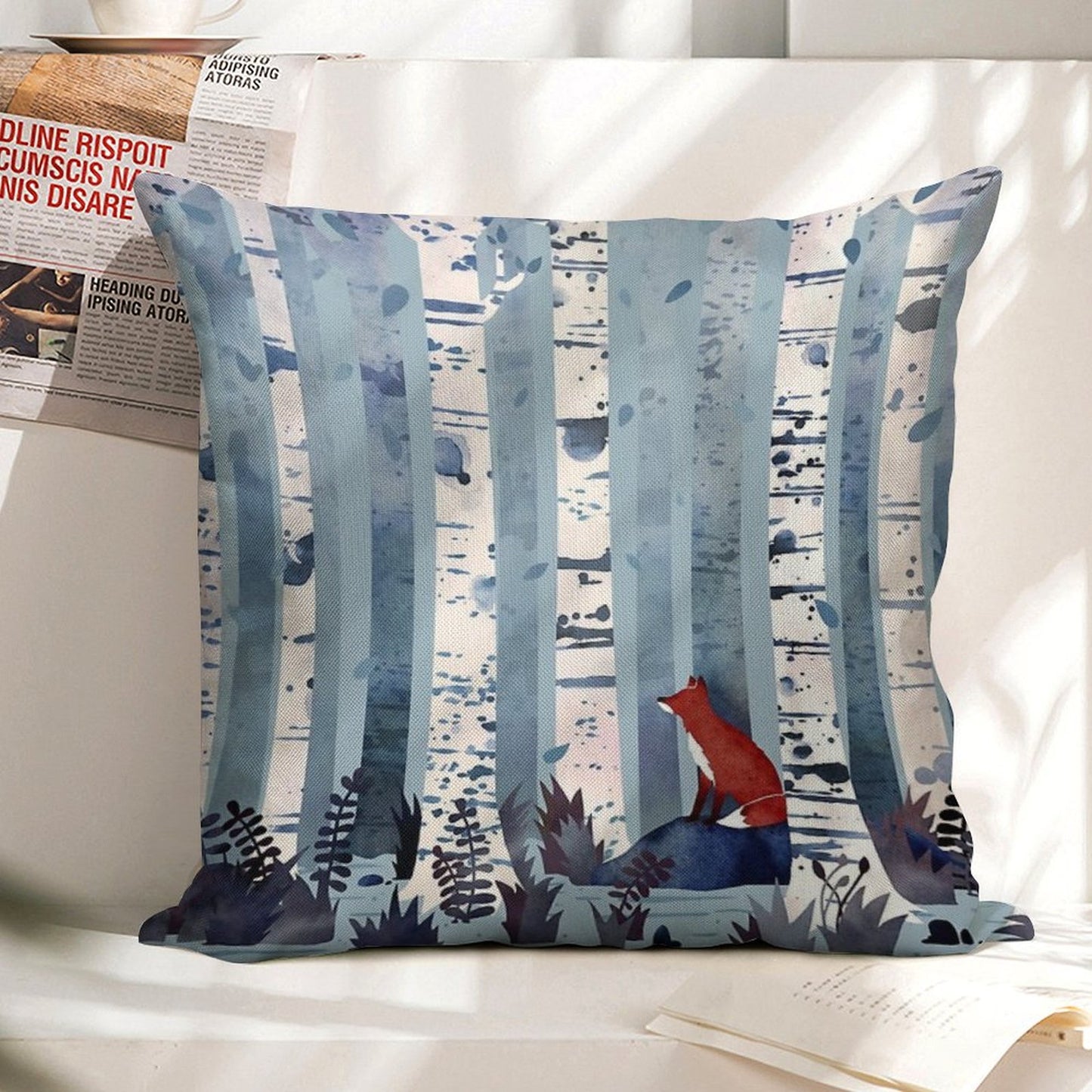 The Birches (in Blue) Linen Throw Pillow Cover