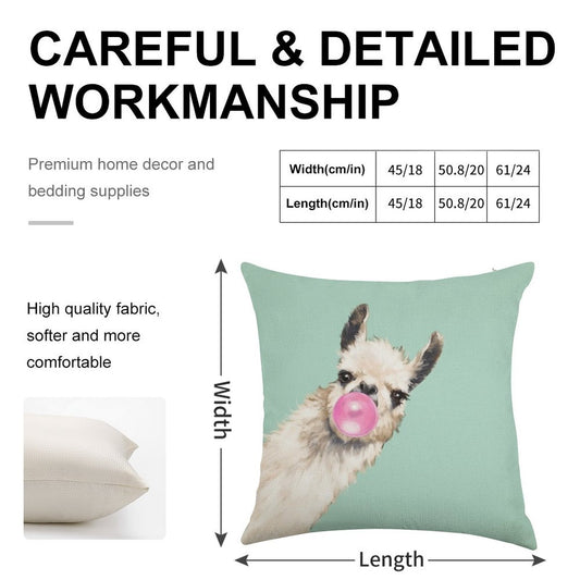 Bubble Gum Sneaky Llama in Green Linen Throw Pillow Cover