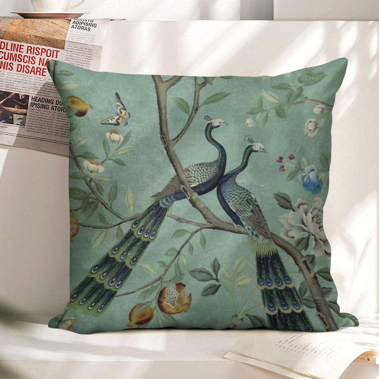 A Teal of Two Birds Chinoiserie Linen Throw Pillow Cover