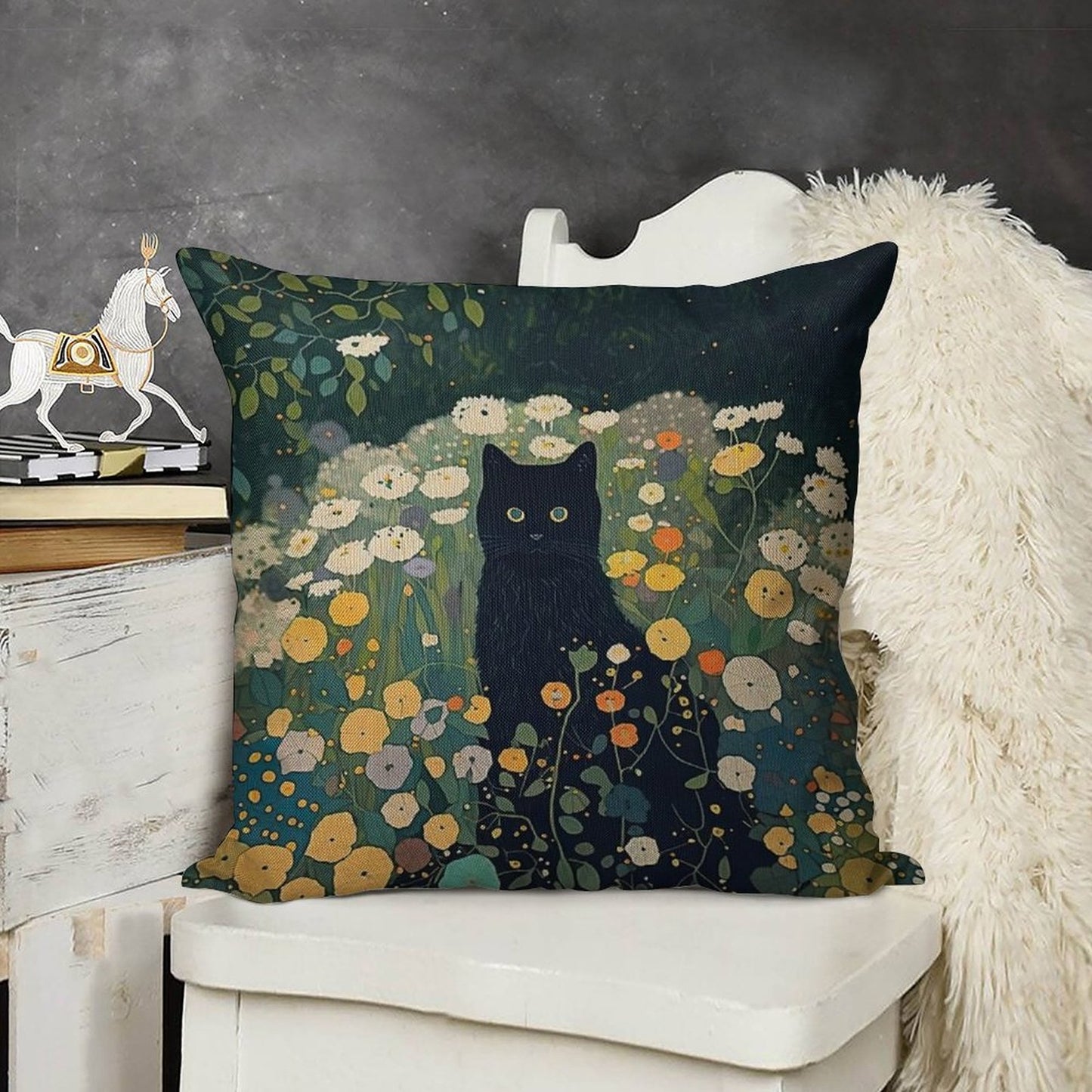 Cat in Klimt Garden Inspiration Linen Throw Pillow Cover