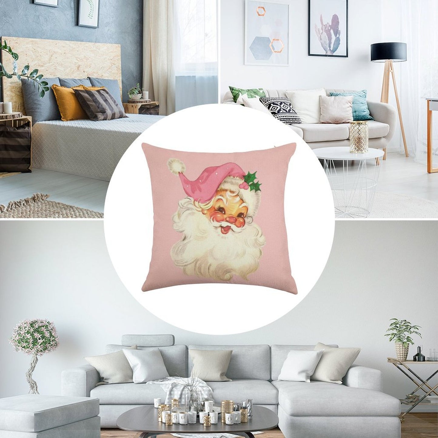 Retro Santa Claus Pink Linen Throw Pillow Cover