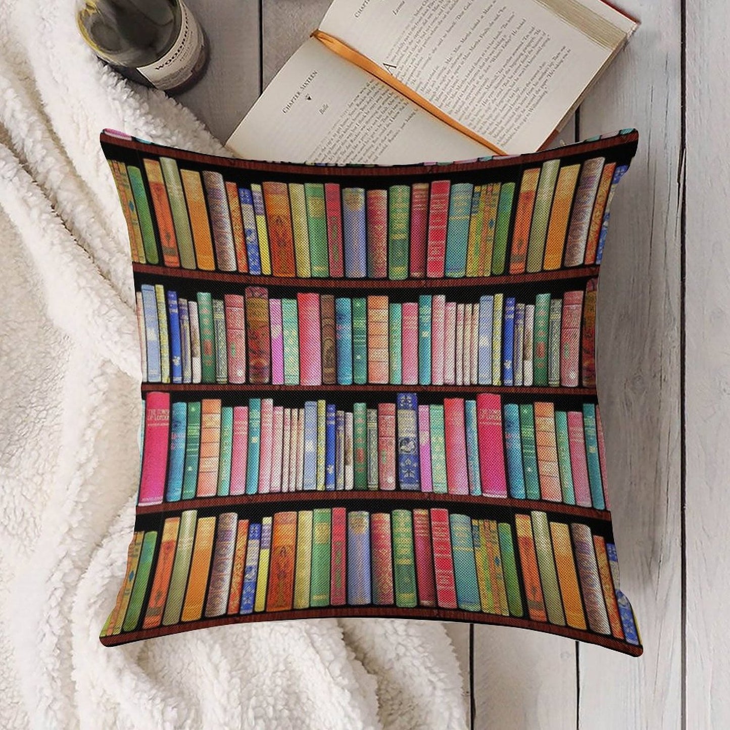 Bookworm Antique Book Library, Vintage Book Shelf Linen Throw Pillow Cover