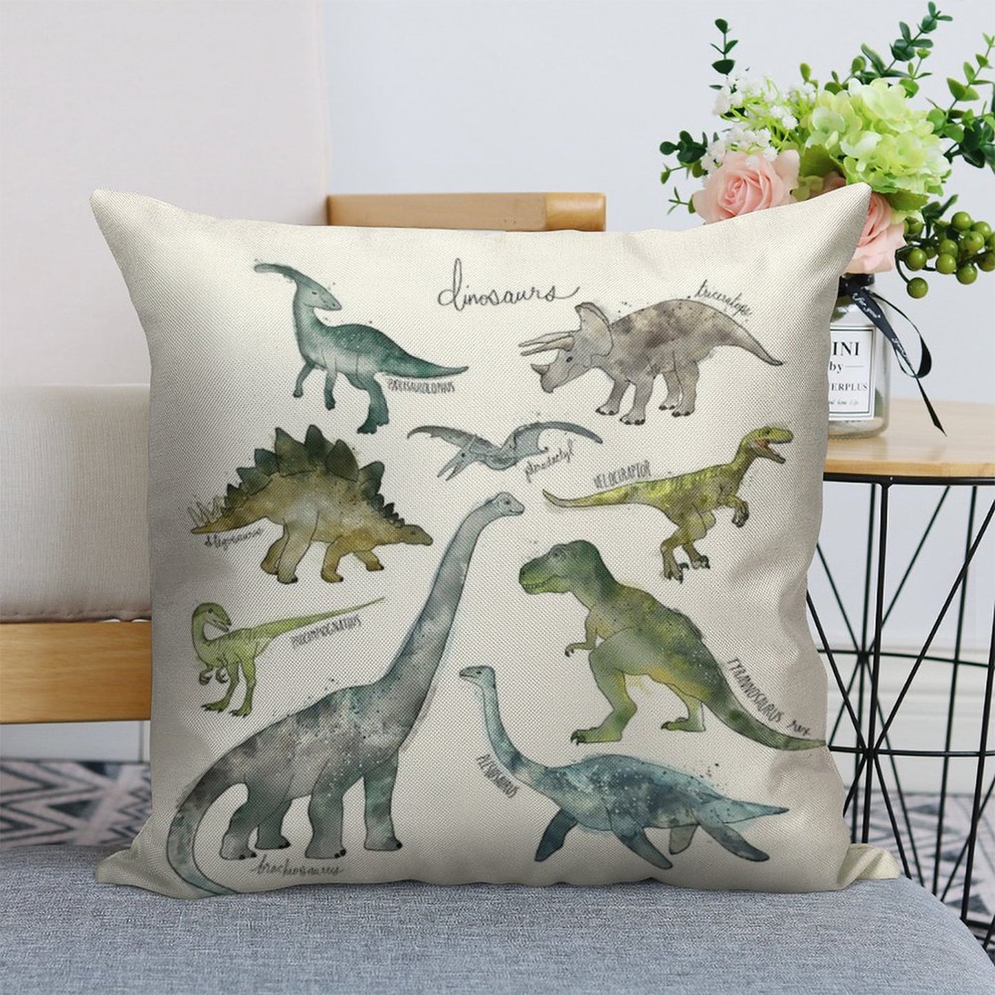 Dinosaurs Linen Throw Pillow Cover