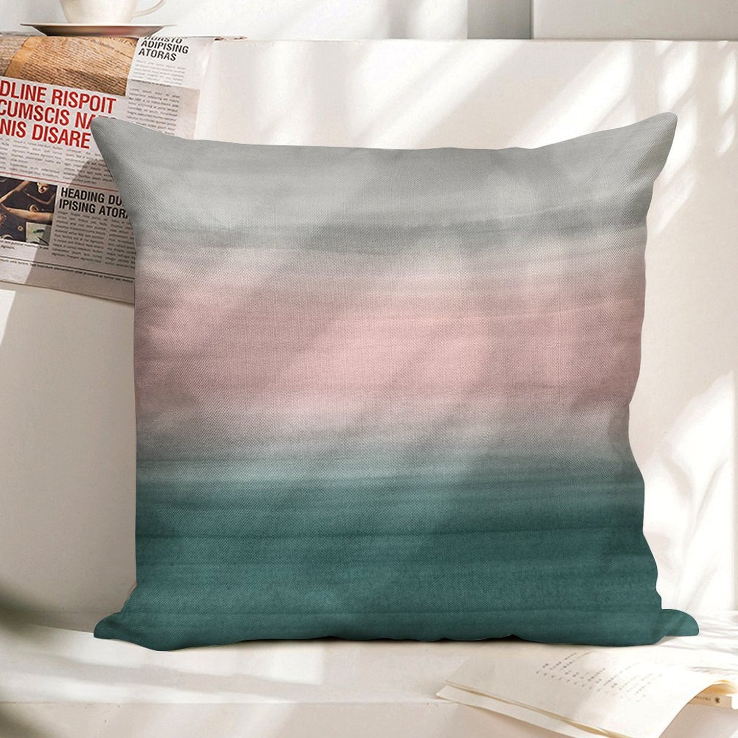 Touching Teal Blush Gray Watercolor Abstract #1 #painting #decor #art Linen Throw Pillow Cover