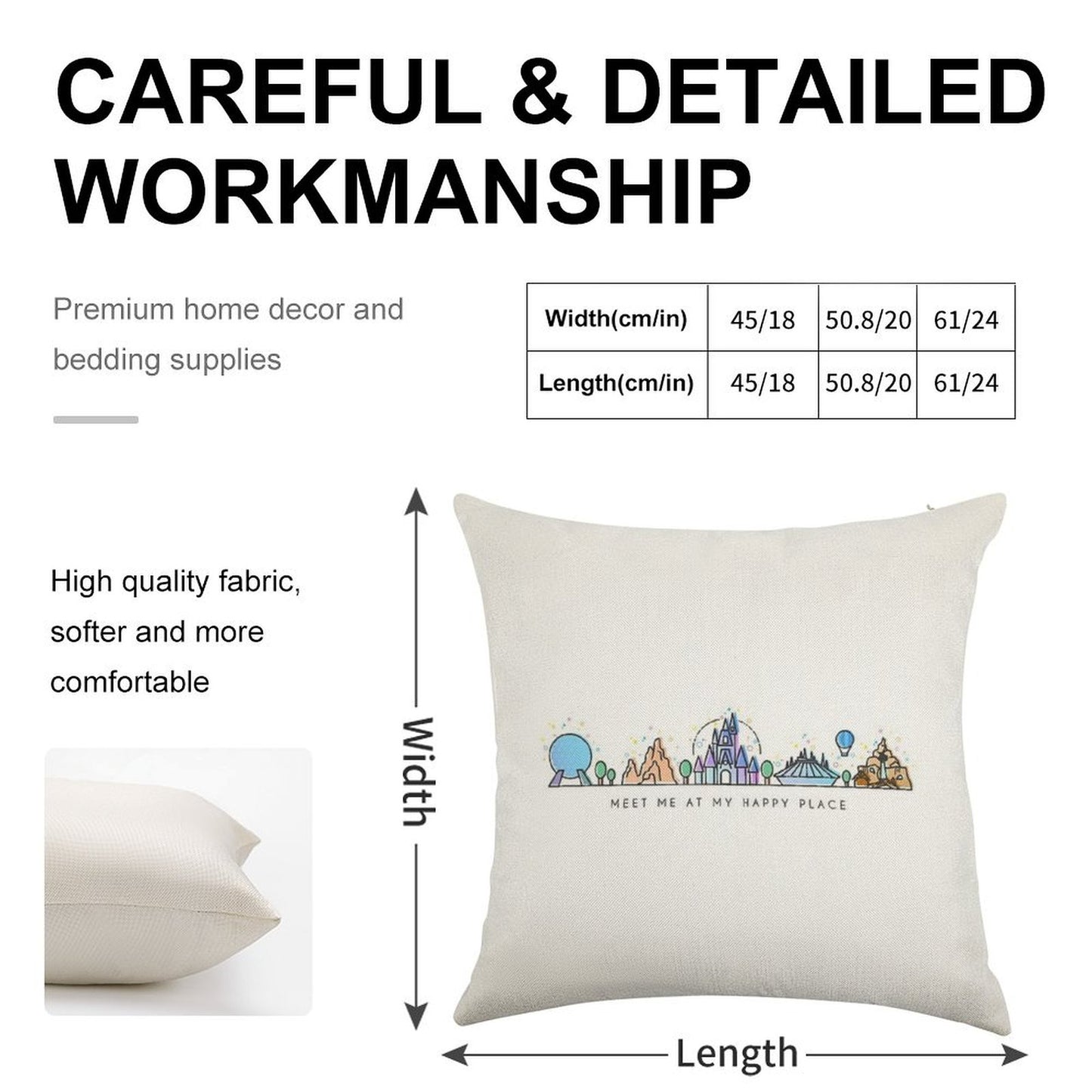 Meet Me at My Happy Place Vector Orlando Theme Park Illustration Design Linen Throw Pillow Cover