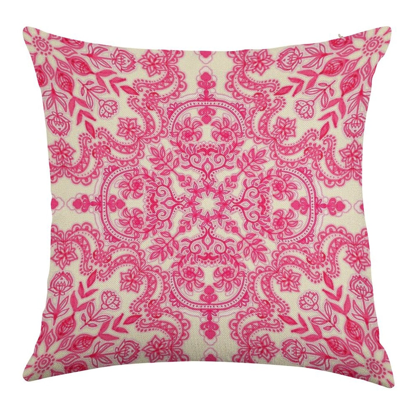 Hot Pink & Soft Cream Folk Art Pattern Linen Throw Pillow Cover