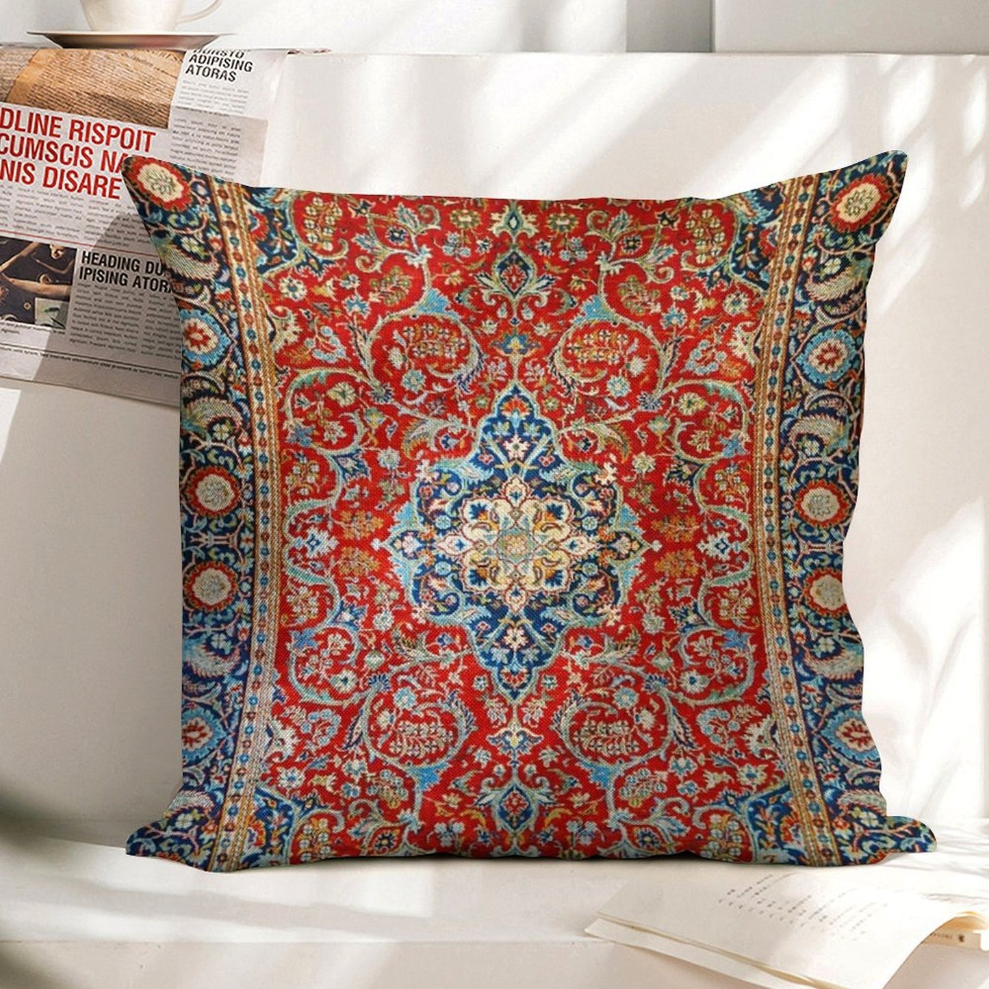 Red Blue Antique Floral Persian Carpet Print Linen Throw Pillow Cover