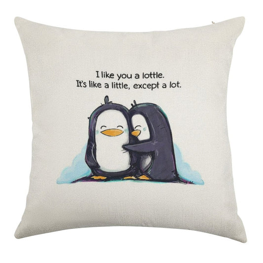 I Like You A Lottle Penguins Linen Throw Pillow Cover