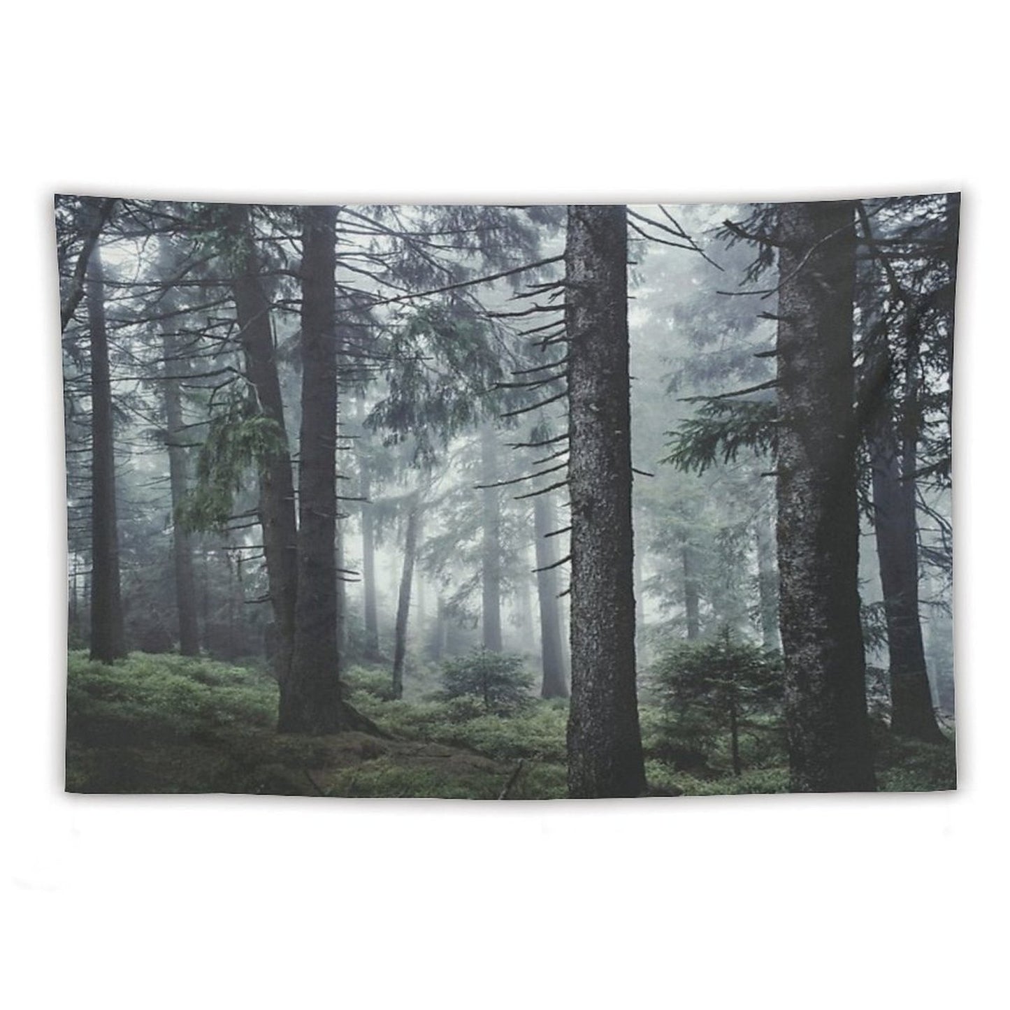 Path Vibes Wild Romantic Misty Retro Fall Wilderness Fairytale Forest With Cascadia Trees Covered In Magic Blue Fog Season Tapestry