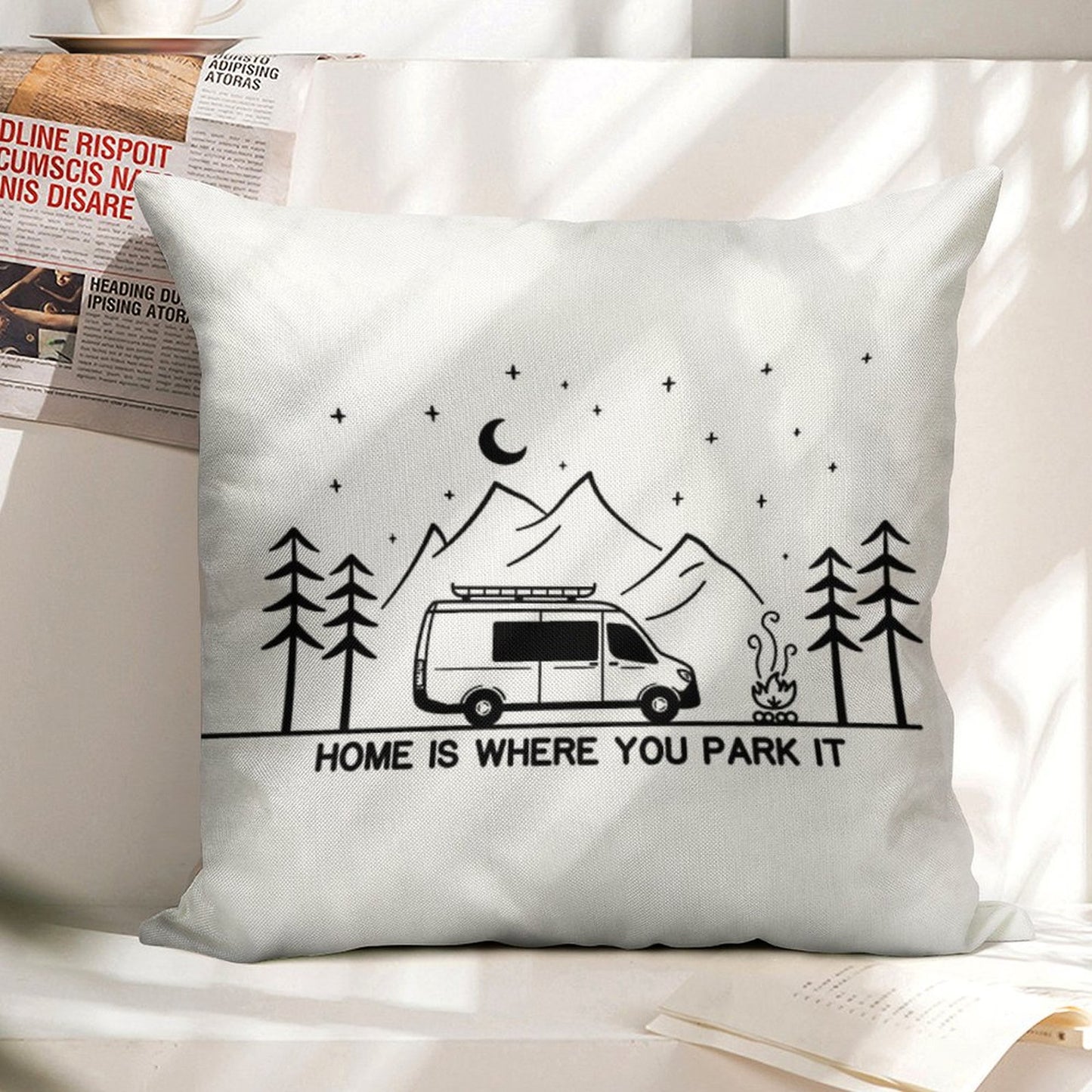 Home Is Where You Park It Vanlife Campervan Camping Outdoors RV Linen Throw Pillow Cover