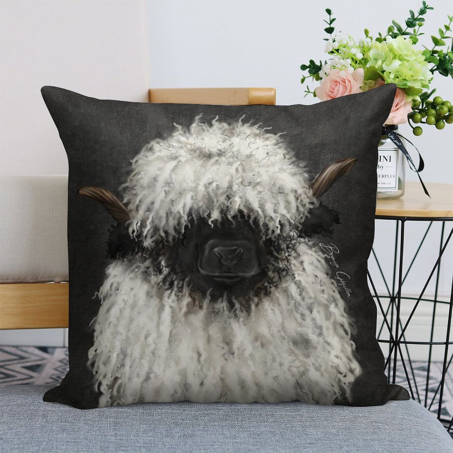 Bo Sheep. Valais Blacknose Sheep. Linen Throw Pillow Cover