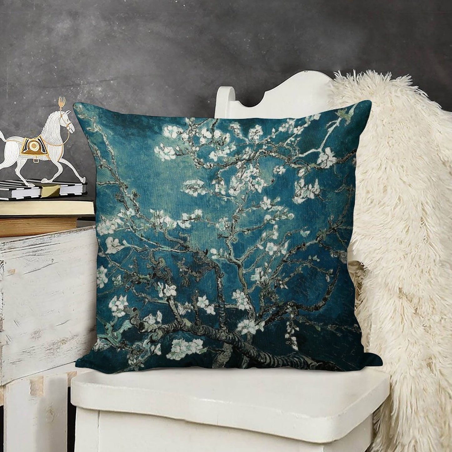 Van Gogh Almond Blossoms Dark Teal Linen Throw Pillow Cover
