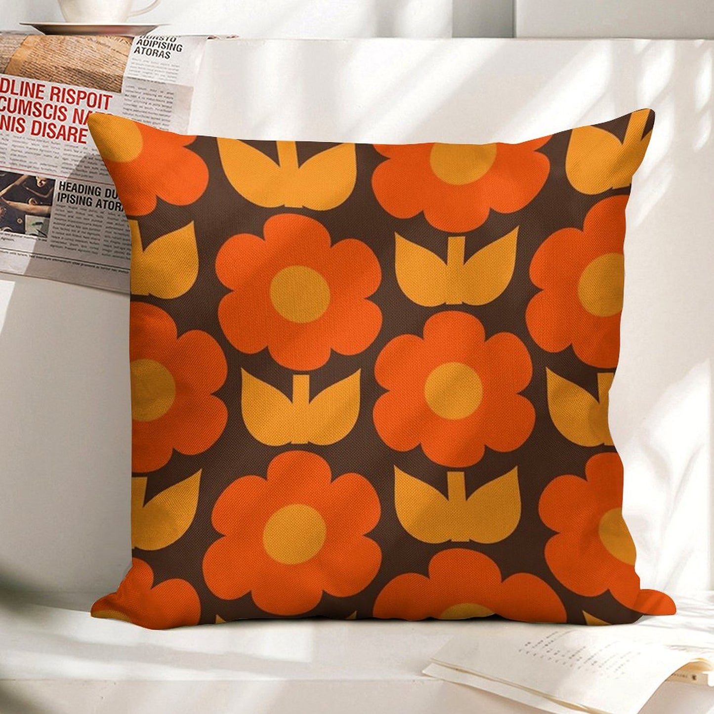 Jonnty Flowers Retro Floral Pattern in 70s Brown And Orange Linen Throw Pillow Cover